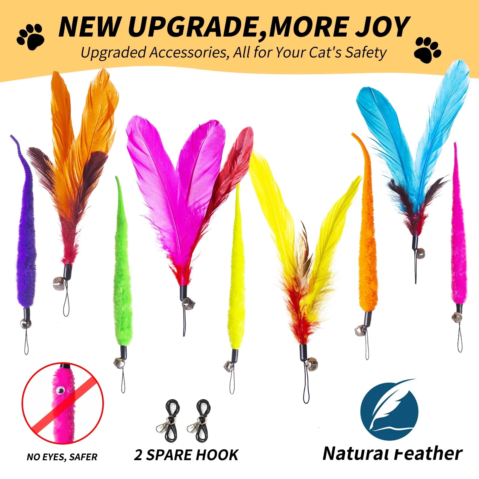 Interactive Cat Feather Toys for Indoor Cats Kittens,2 Retractable Cat Teaser Wand and 1 Rainbow Wand with 9 Refills and 2 Spare Hook(14 Pack)