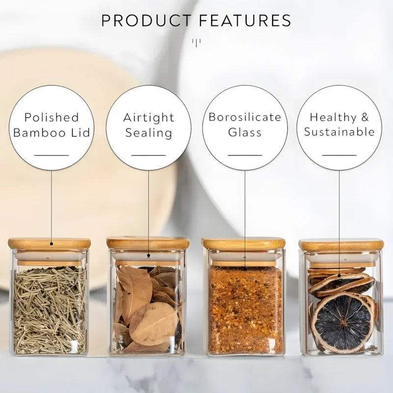 12 Square Glass Spice Jars with Natural Bamboo Lids - Sealed Herb Containers with Pre-Printed Waterproof Minimalist Spice Labels - Suitable for Empty Small Seasoning Jars in Kitchen Food Pantries.