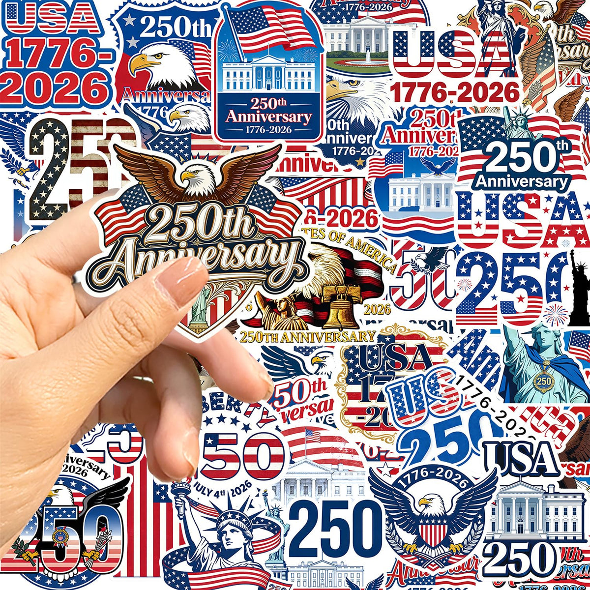 (50pcs) 250th Anniversary Birthday Sticker USA Stickers Merchandise 1776-2026 Statue of Liberty Eagle Independence Day Waterproof Vinyl Sticker for Water Bottle Car Laptop