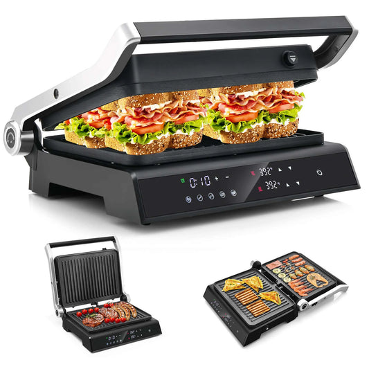 Electric Panini Press Grill Sandwich Maker with LED Display & Removable Drip Tray