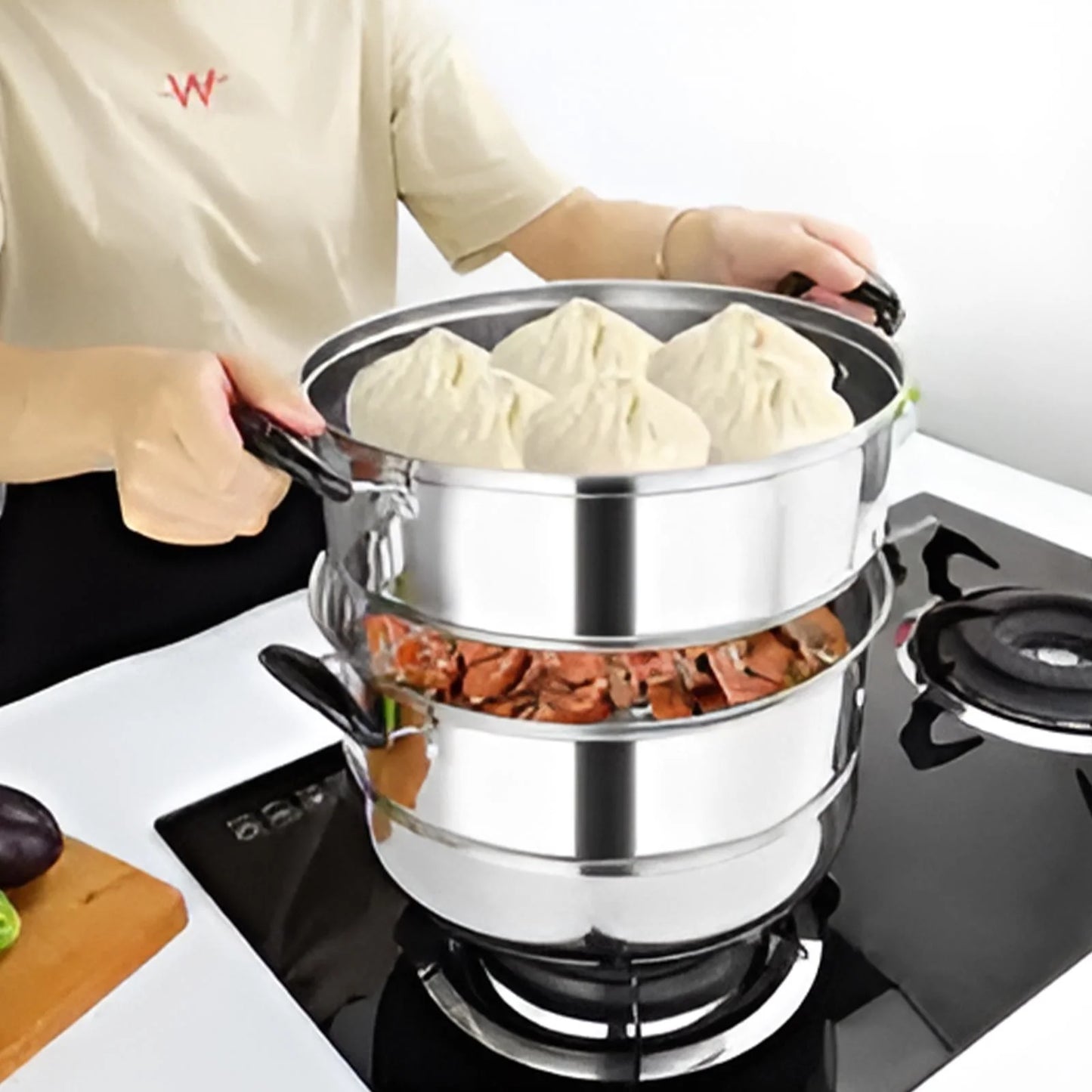 Food Steamer Steamer Pot Dumpling Steamer 11Inch Thickened Stainless Double Layer Steaming Pot for Cooking Steamer Pot Multipurpose Stainless Steel Steaming Pot Cookware with Handle Cooking Utensils