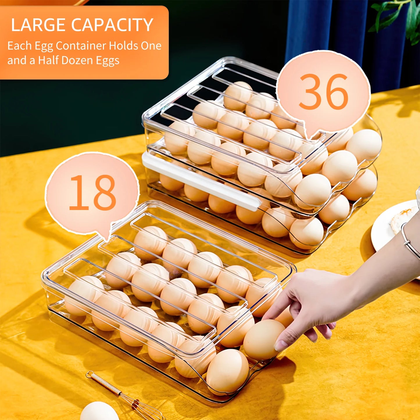 Fridge Egg Holder, 2 Layer Rolling Egg Cartons for Refrigerator, Refrigerator Egg Organizer with Lid, Clear Egg Dispenser, Egg Tray & Storage Container