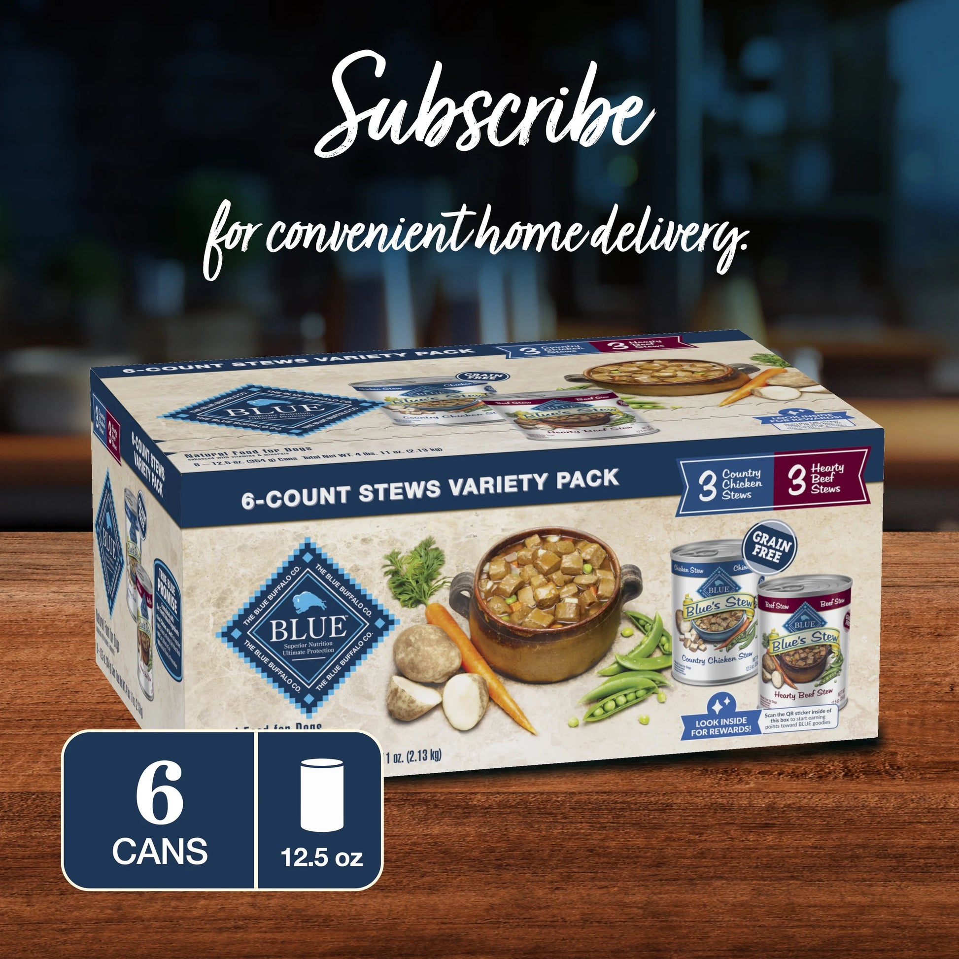 Blue's Stew Natural Wet Dog Food Variety Pack, Hearty Beef and Country Chicken, 12.5 oz Cans (6 Count - 3 of Each Flavor)