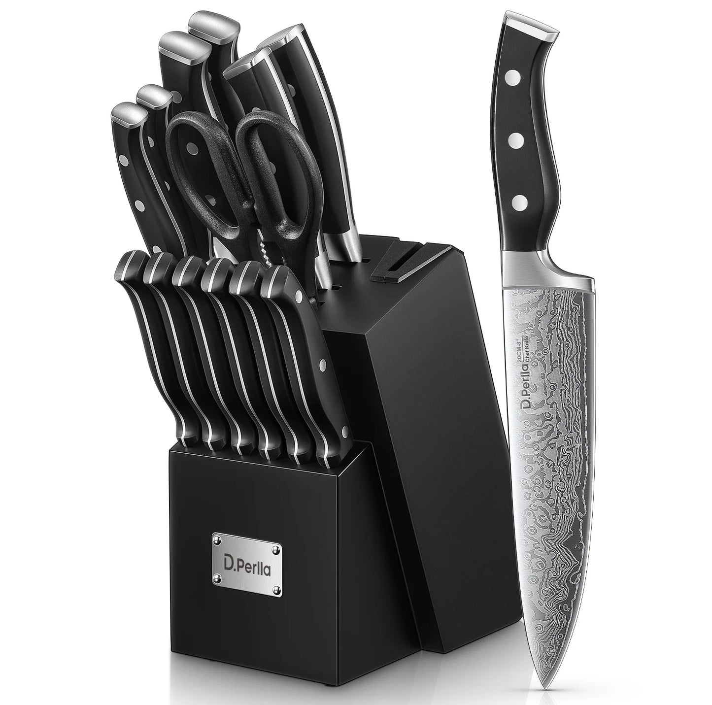 Knife Set, 14 Pcs Kitchen Knives Set with Built-In Sharpener, Stainless Steel Knife Set with Block