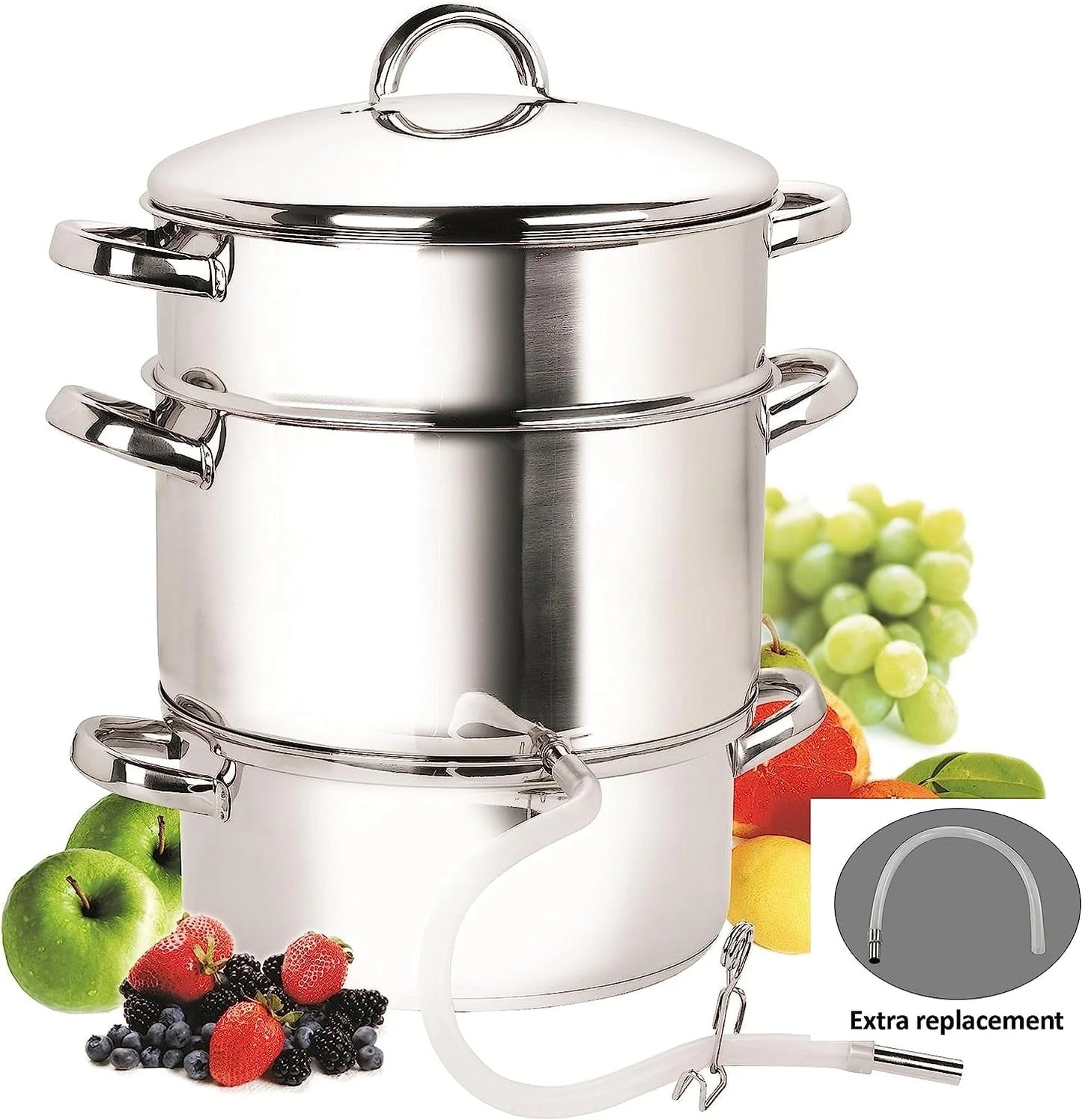 Basics Canning Juice Steamer Extractor Pot 11-Quart, Stainless Steel Multi-Purpose Jelly Steaming Cooking Pot, with Strainer/Loading Pan, Lid, 2 Hoses with Clamp, Mirror Satin