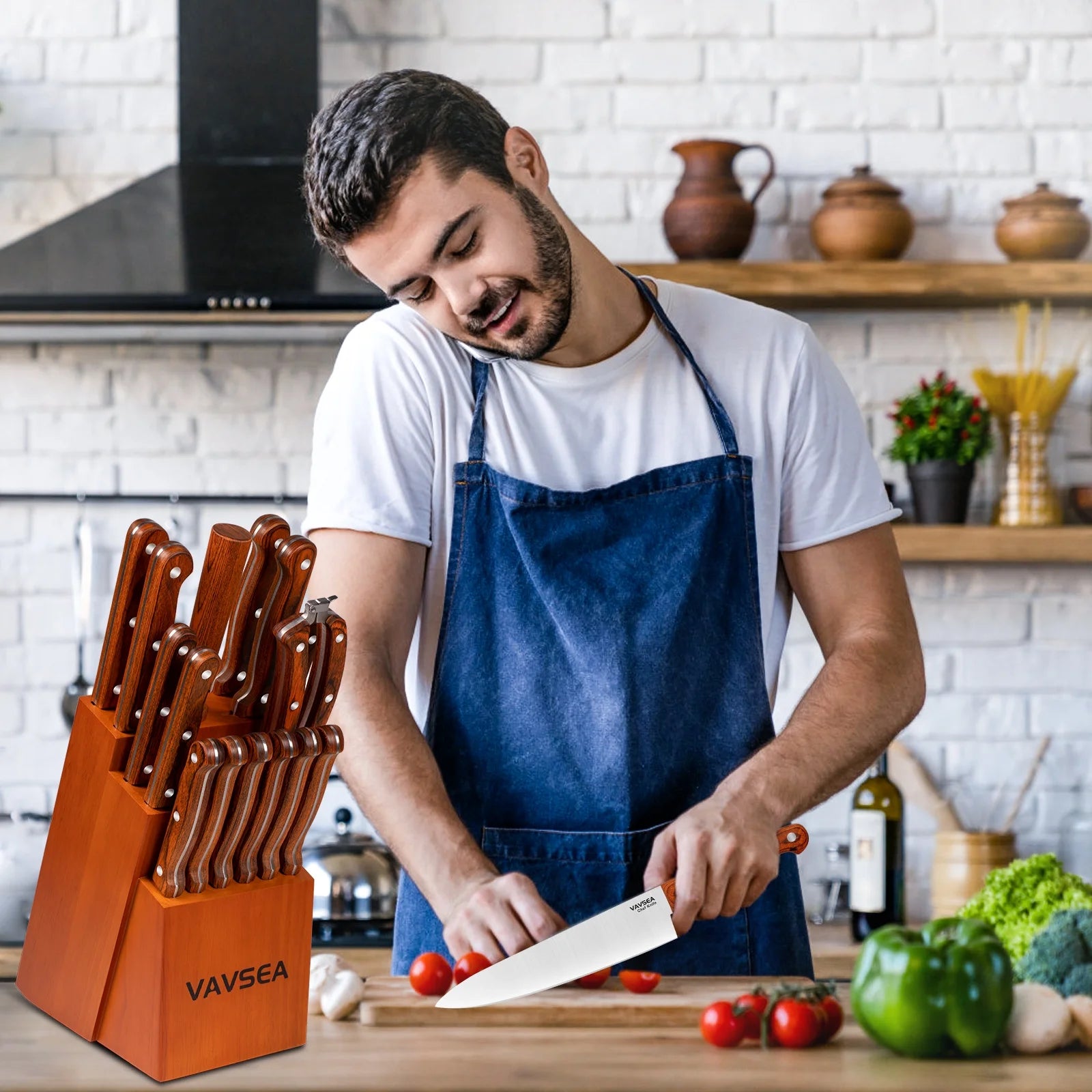 Knife Block Set, 16 Pieces Kitchen Knife Set with Block Walnut, Stainless Steel Knife Set for Gift, Home