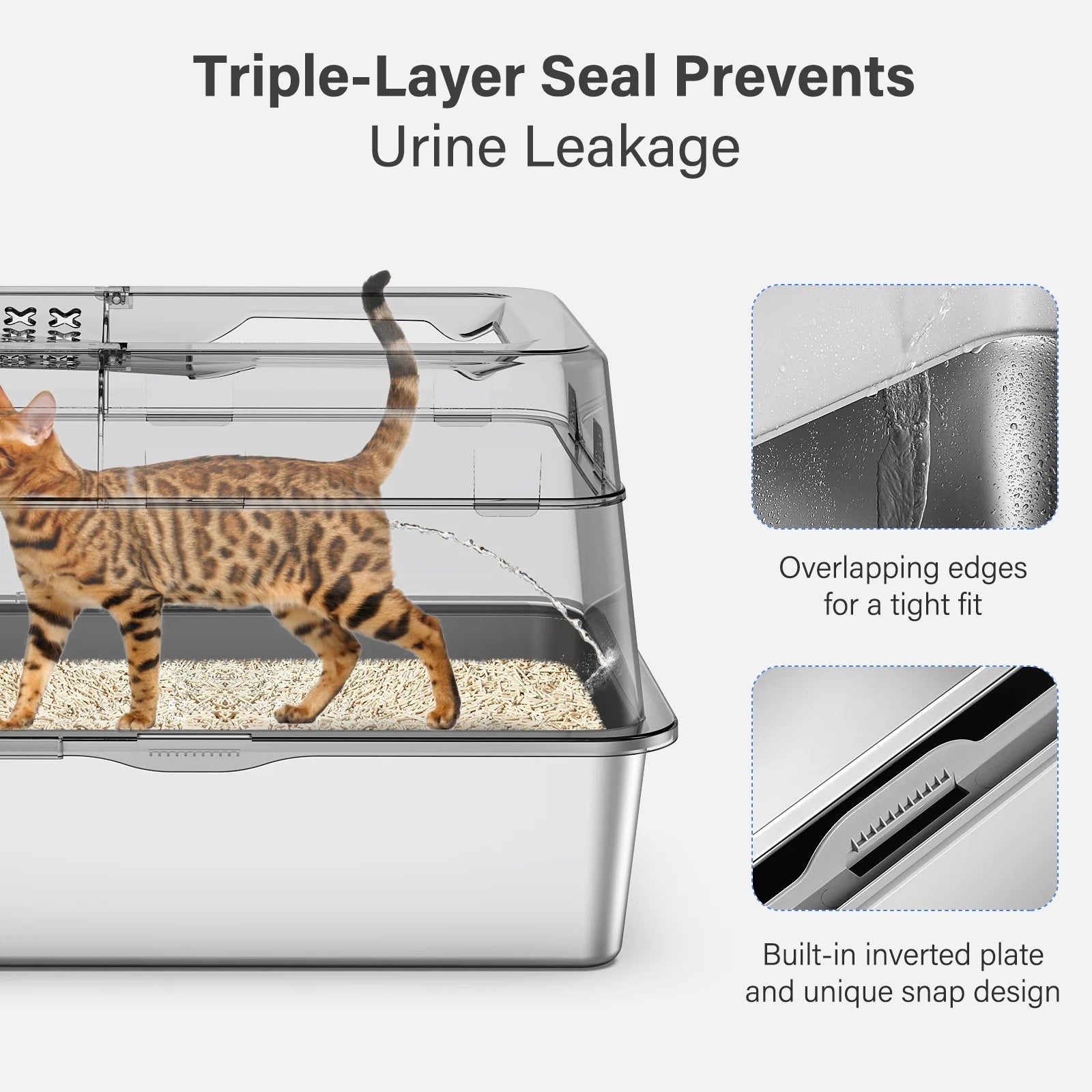 XL Stainless Steel High-Sided Cat Litter Box with Plastic Trays, Scoop, Storage Box, Filter Pedal, Gray