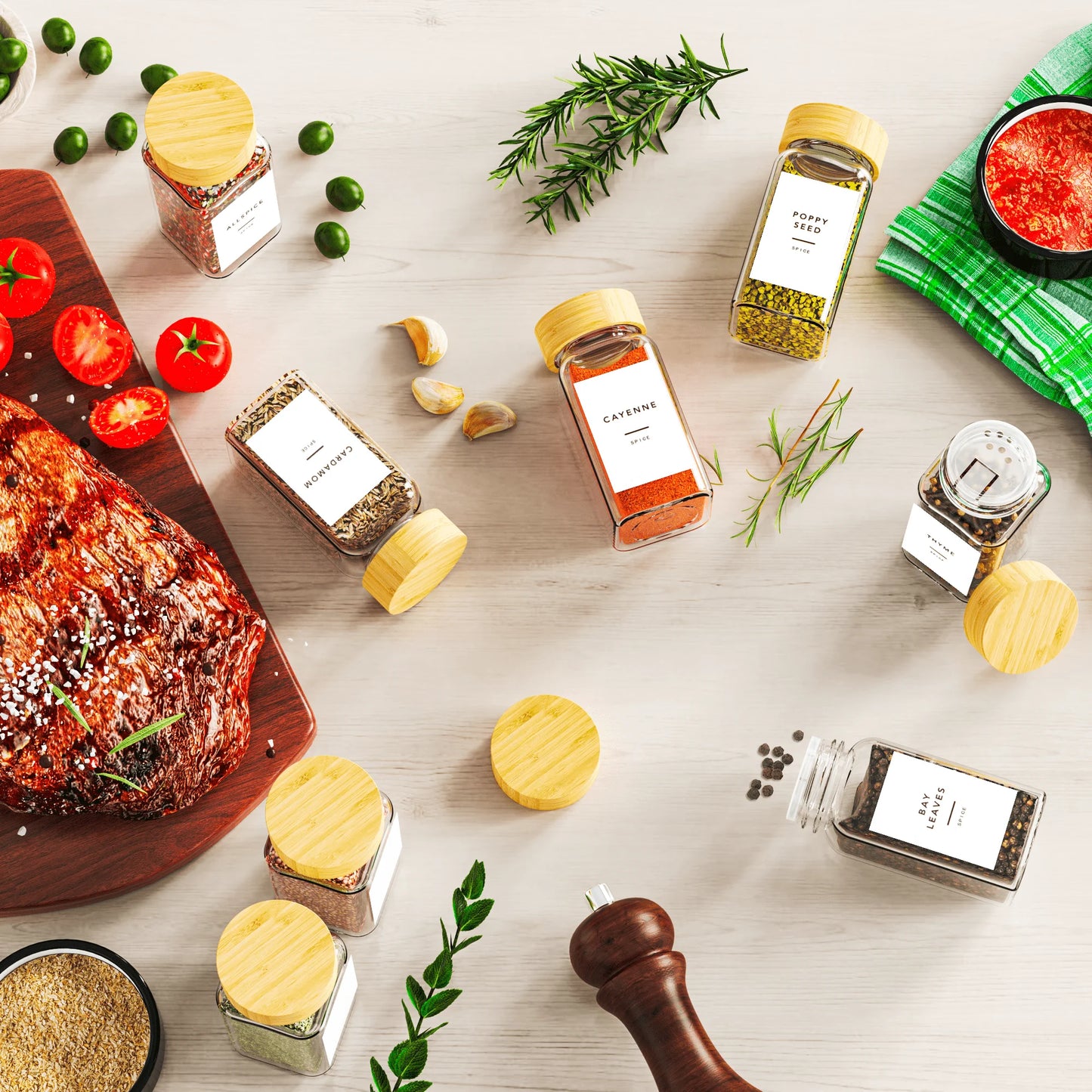 24 Pack Glass Spice Jar,Bamboo Lid Glass Spice Jars, Kitchen Spice Storage Jar, Spice Storage Jar,Kitchen Food Storage Tanks,Preprinted Spice Labels,Kitchen Organizer