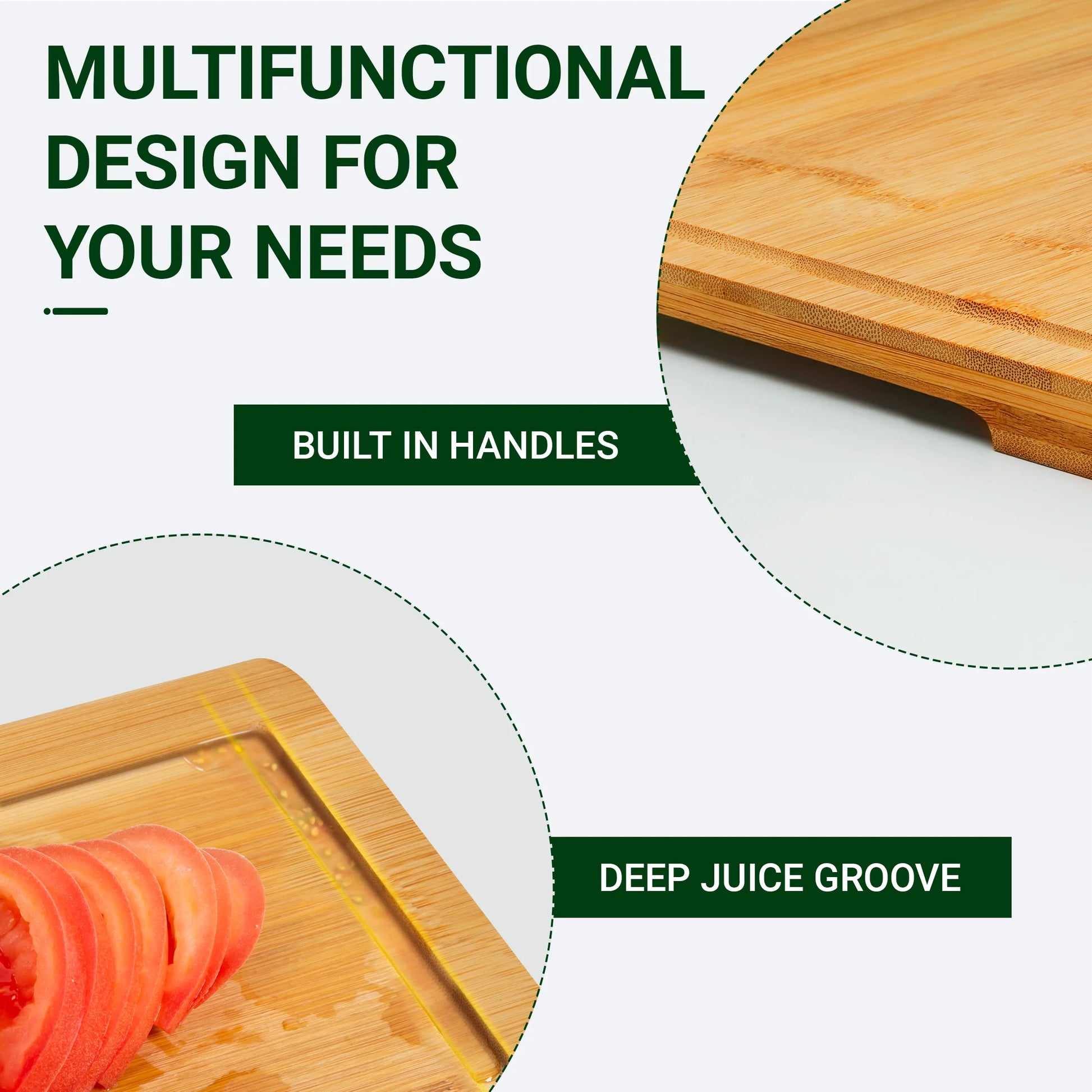 Bamboo Cutting Boards for Kitchen, with Deep Juice Groove and Inner Handle, 17.1" X 11.4"