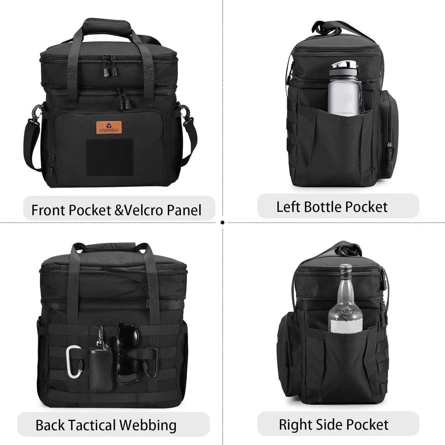 Tactical Lunch Bags, Large Expandable Insulated Lunch Box, Durable Waterproof Leakproof Cooler Bag for Adults/Men/Women/Work Outdoor Beach Trips, 20 Cans/15 L, Black