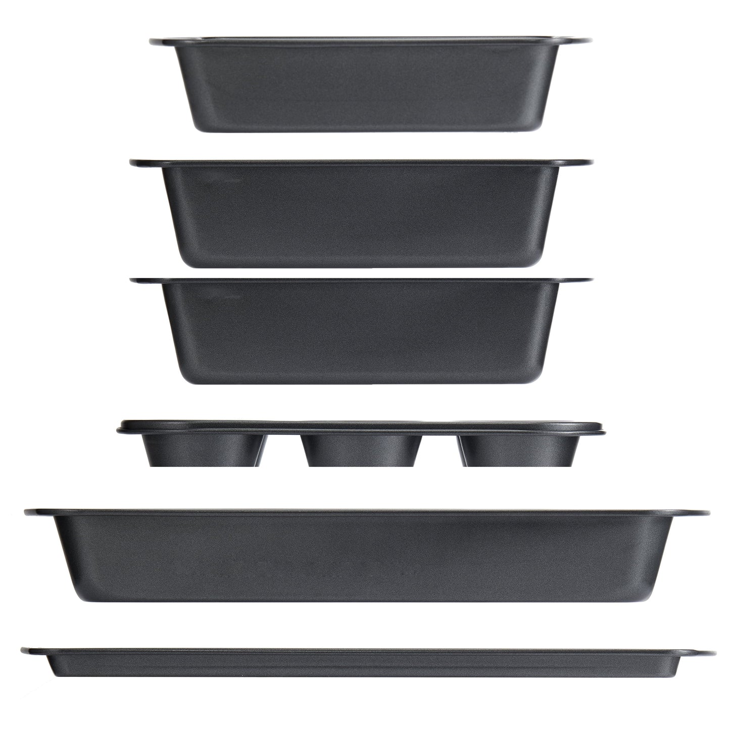6 Piece Non-Stick Carbon Steel Bakeware Set with Cake, Muffin, Cookie and Loaf Pans, Gray