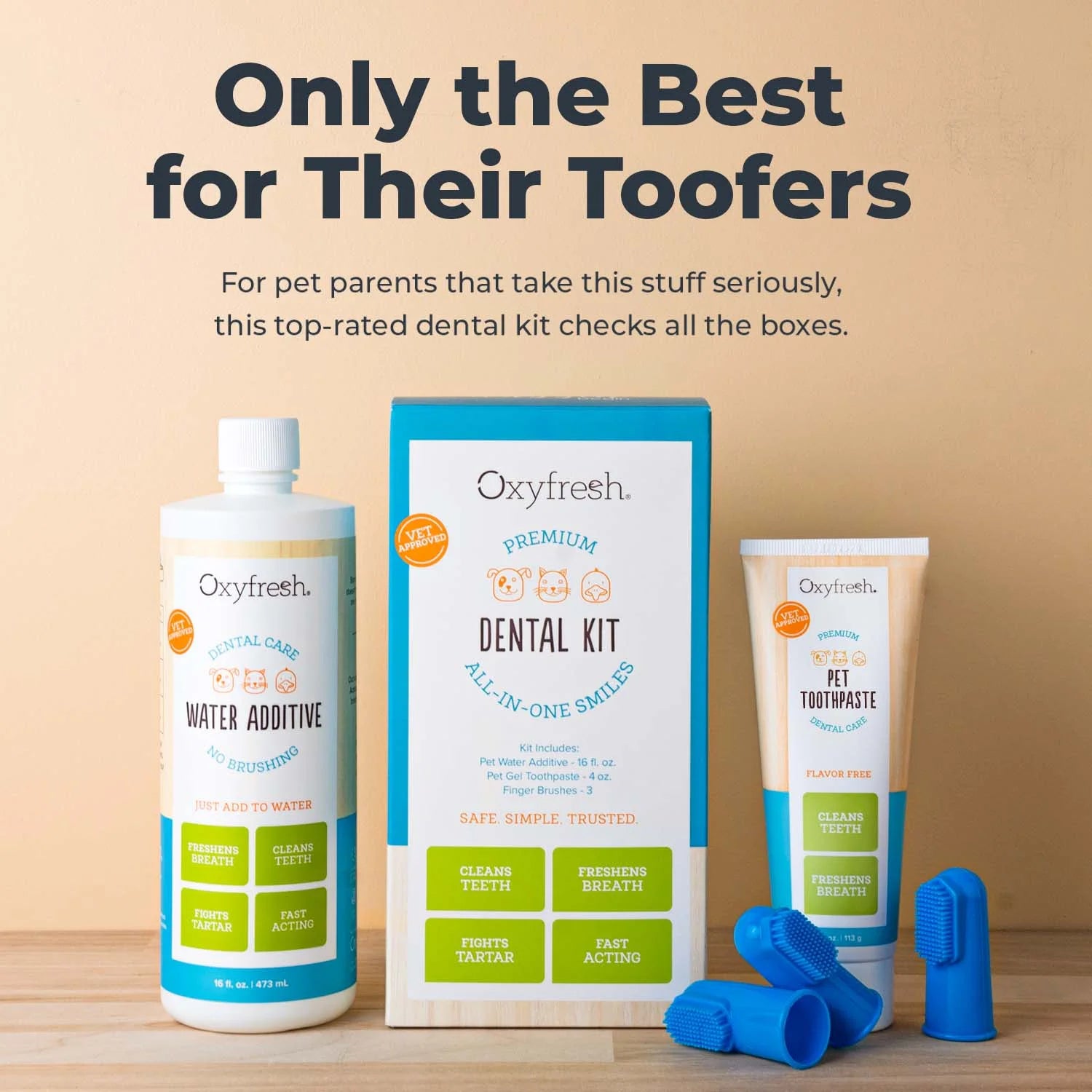 Premium Pet Dental Kit for Dogs & Cats, Easy Solution for Fresh Breath & Teeth Cleaning, Control Plaque & Tartar, Vet Formulated Toothpaste 1Oz, Water Additive 3Oz, and 3 Brushes