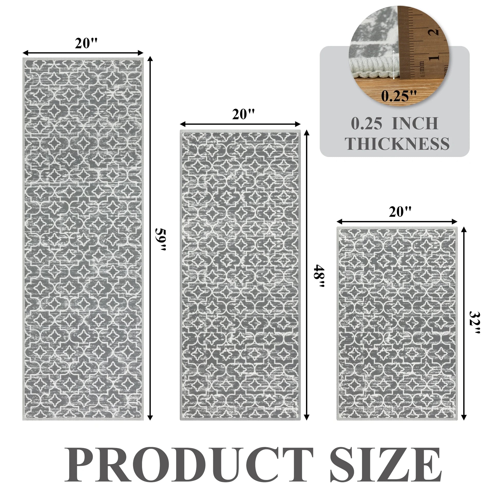 Gray Kitchen Rug Set 3 Piece, Non Slip Machine Washable Mats for Home Floor and Living Room