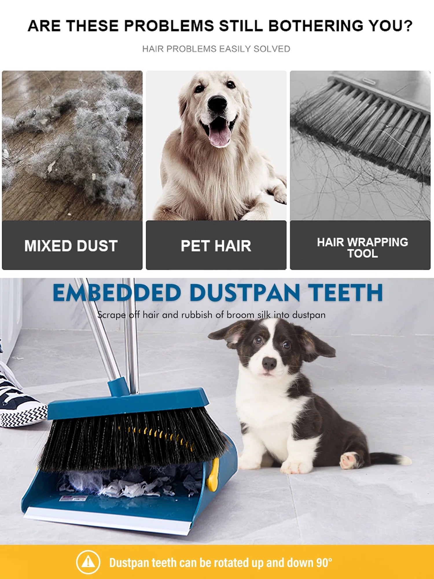 Upgrade Broom and Dustpan Set for Home,Self-Cleaning with Dustpan Teeth,51.2In,Stand Up,Blue