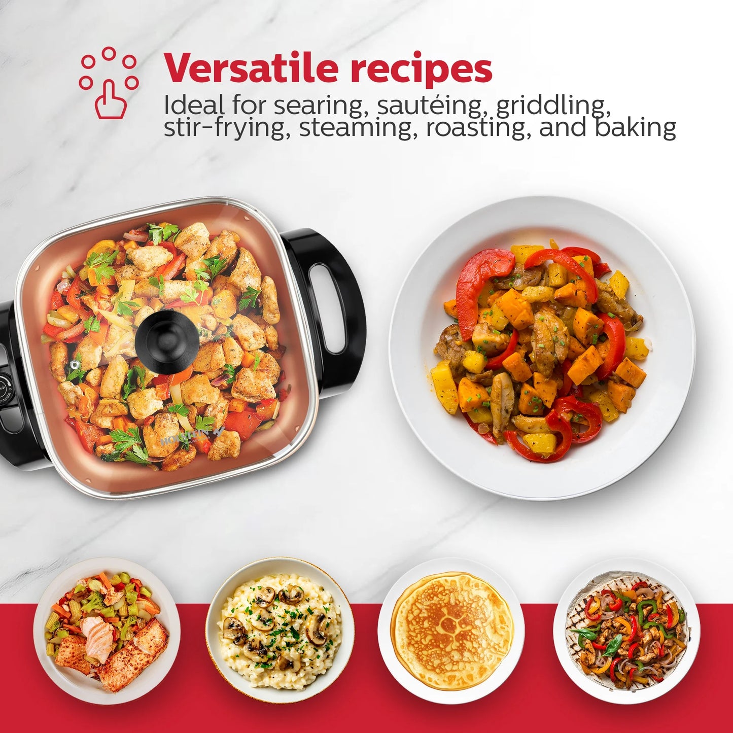 12-Inch Electric Skillet with Non-Stick Coating, Glass Lid, and Removable Probe, Copper and Black