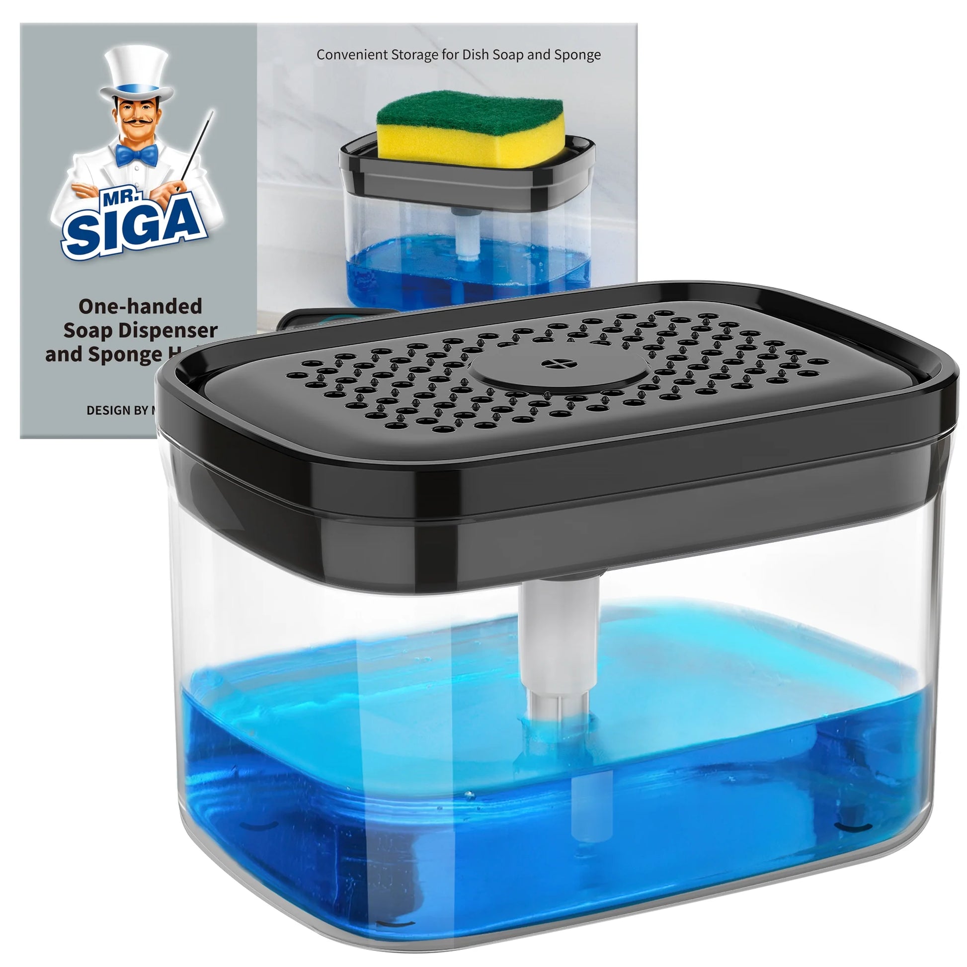 2 in 1 Premium Dish Soap Dispenser and Sponge Holder for Kitchen, Dishwashing Soap Pump Dispenser for Kitchen Countertop, Black