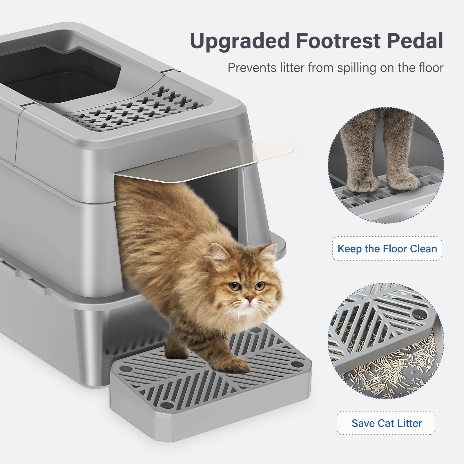 XL Stainless Steel High-Sided Cat Litter Box with Plastic Trays, Scoop, Storage Box, Filter Pedal, Gray