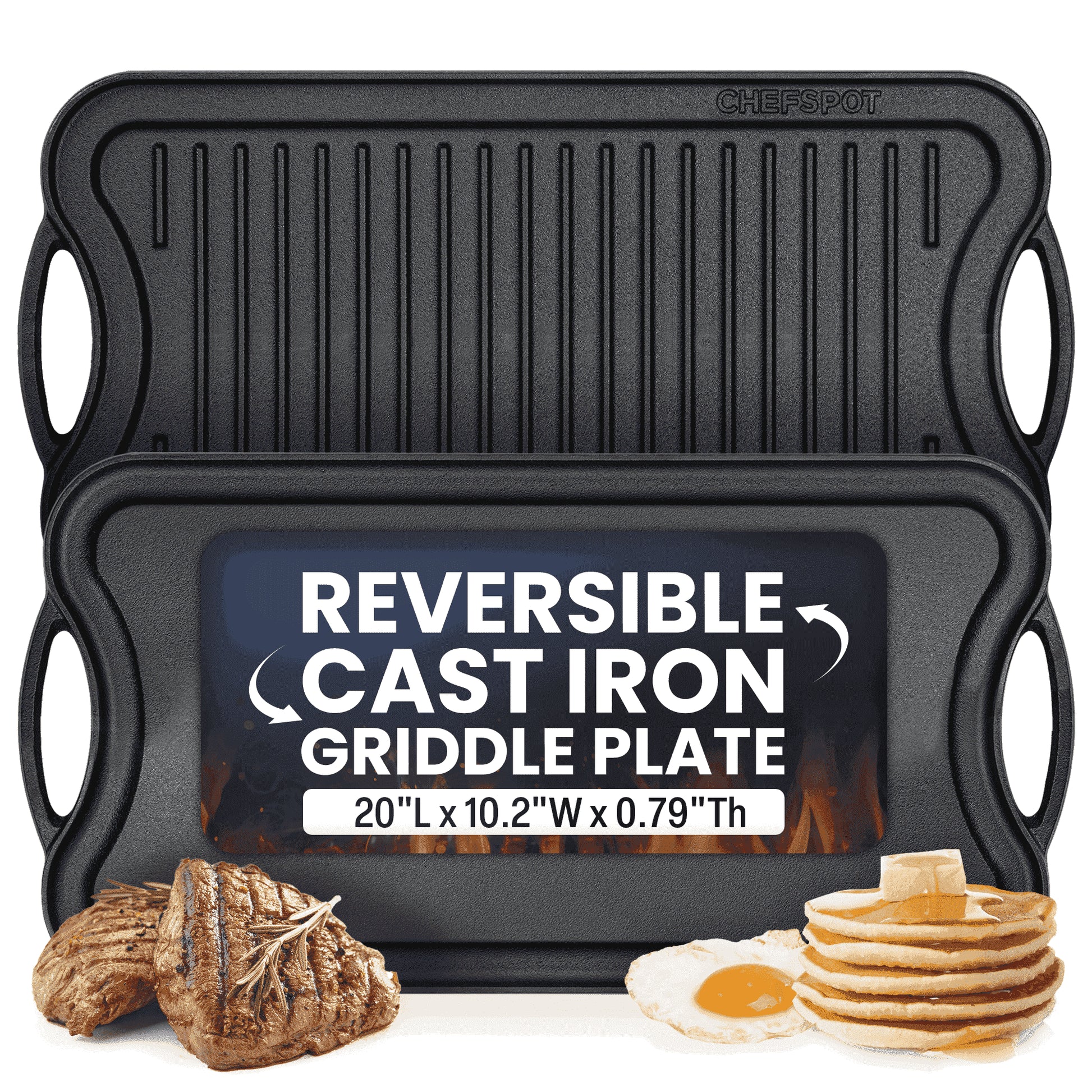 Preseasoned Cast Iron Reversible Grill Griddle Plate Pan - 20", Black, Hand Wash