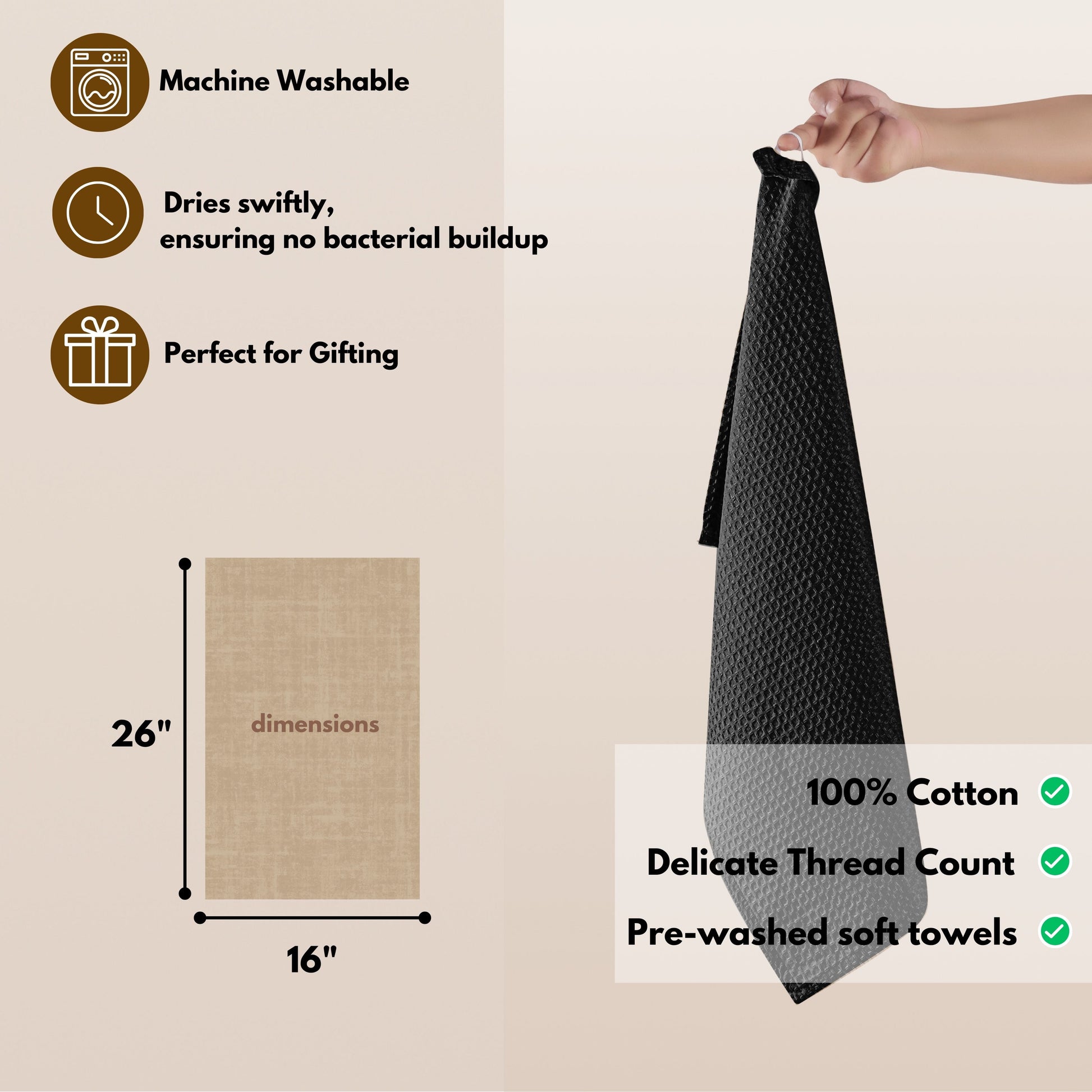 Native Fab Waffle Kitchen Towels 16X26 - Absorbent Cotton Dishcloths for Cleaning Set of 4 - Black