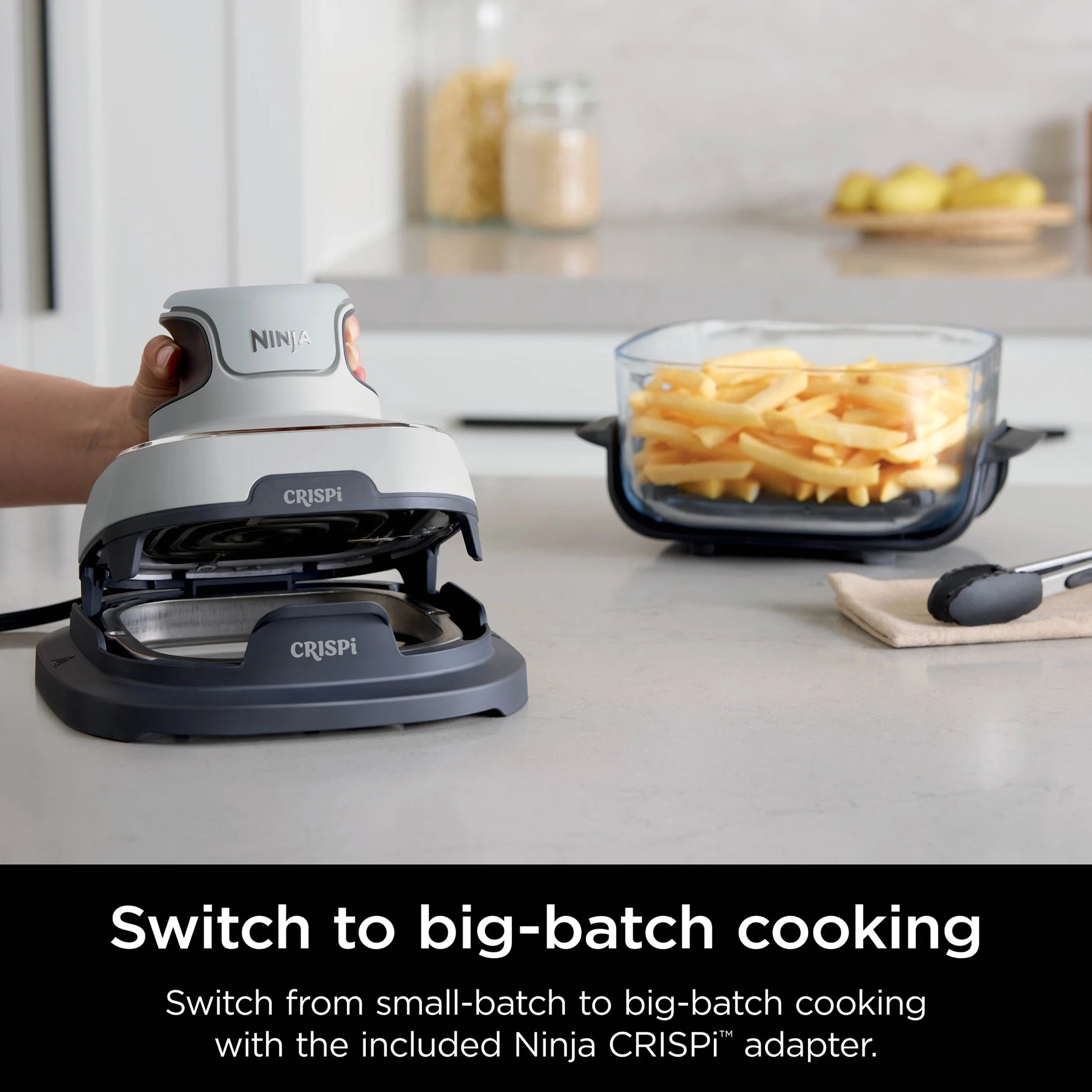 Crispi 3-In-1 Portable Glass Air Fryer Cooking System, 1500W, 4-Qt & 5-Cup Tempware Glass Containers with Storage Lids, Microwave, Freezer & Dishwasher Safe, White, FN100WH