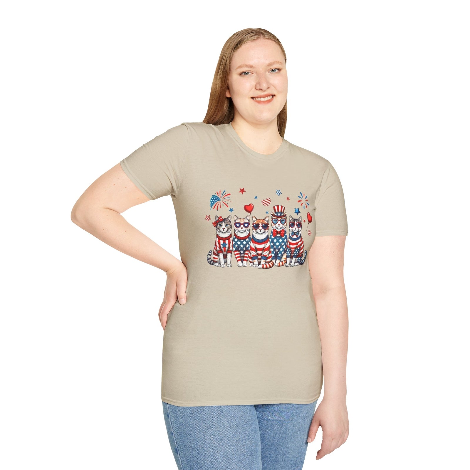 Patriotic Cat Unisex Softstyle T-Shirt for Fourth of July Celebrations