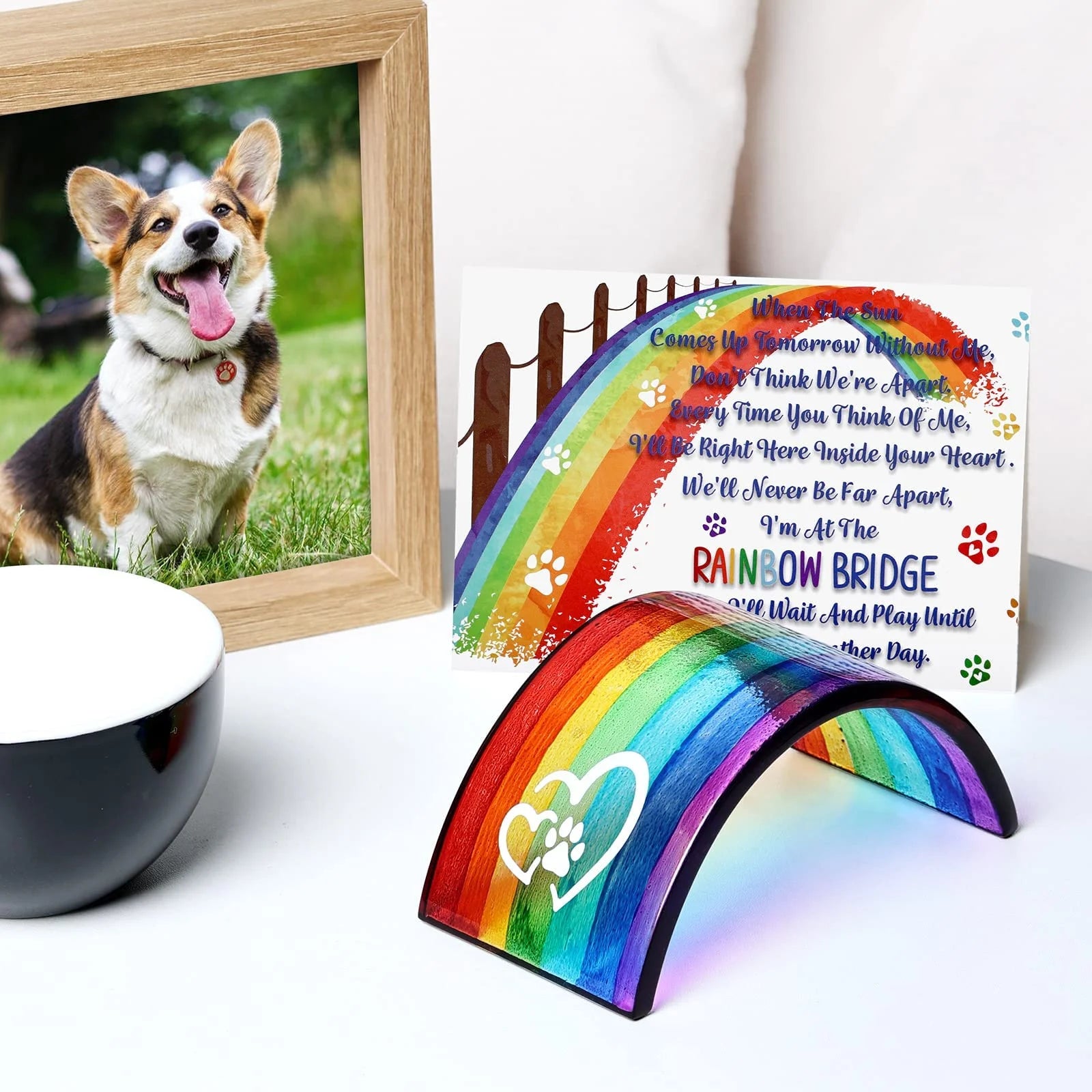 Rainbow Bridge Fused Glass 3D Colorful Bridge with Sympathy Card Memorial Gift for Dog Cat Guinea Pig Lover Pet Lost Present Sorry Gift Set of 2