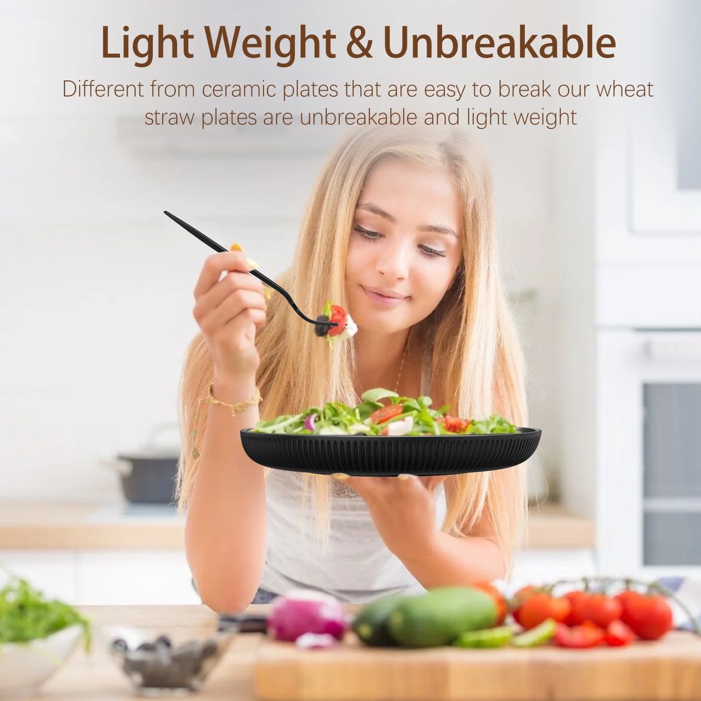 Wheat Straw Dinnerware Set, Service for 4, 48 PCS Unbreakable Plastic Plates and Bowls Sets, Dishwasher Microwave Safe, Black