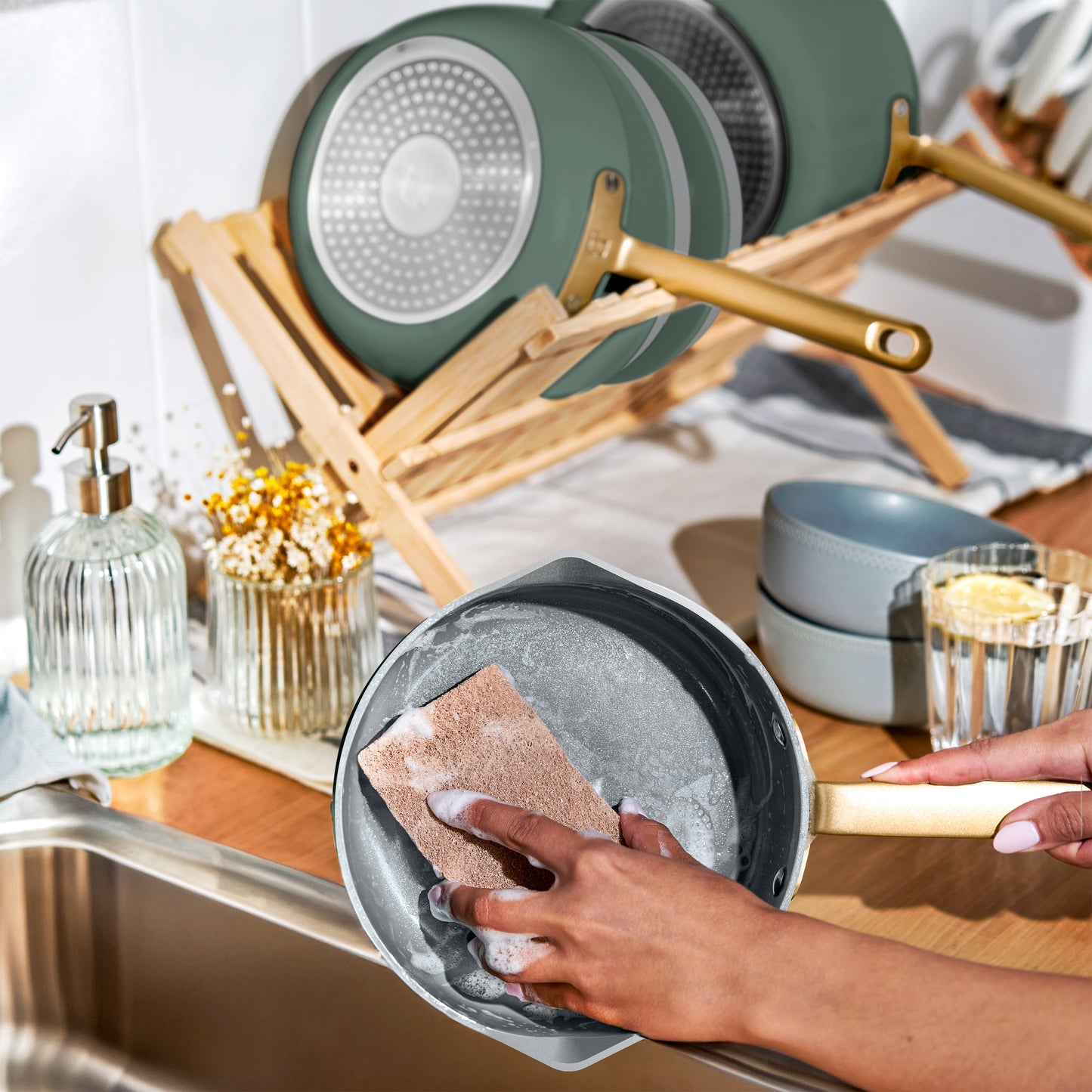 12Pc Ceramic Non-Stick Cookware Set, Pots and Pans with Strainer Lids, Thyme Green by Drew Barrymore