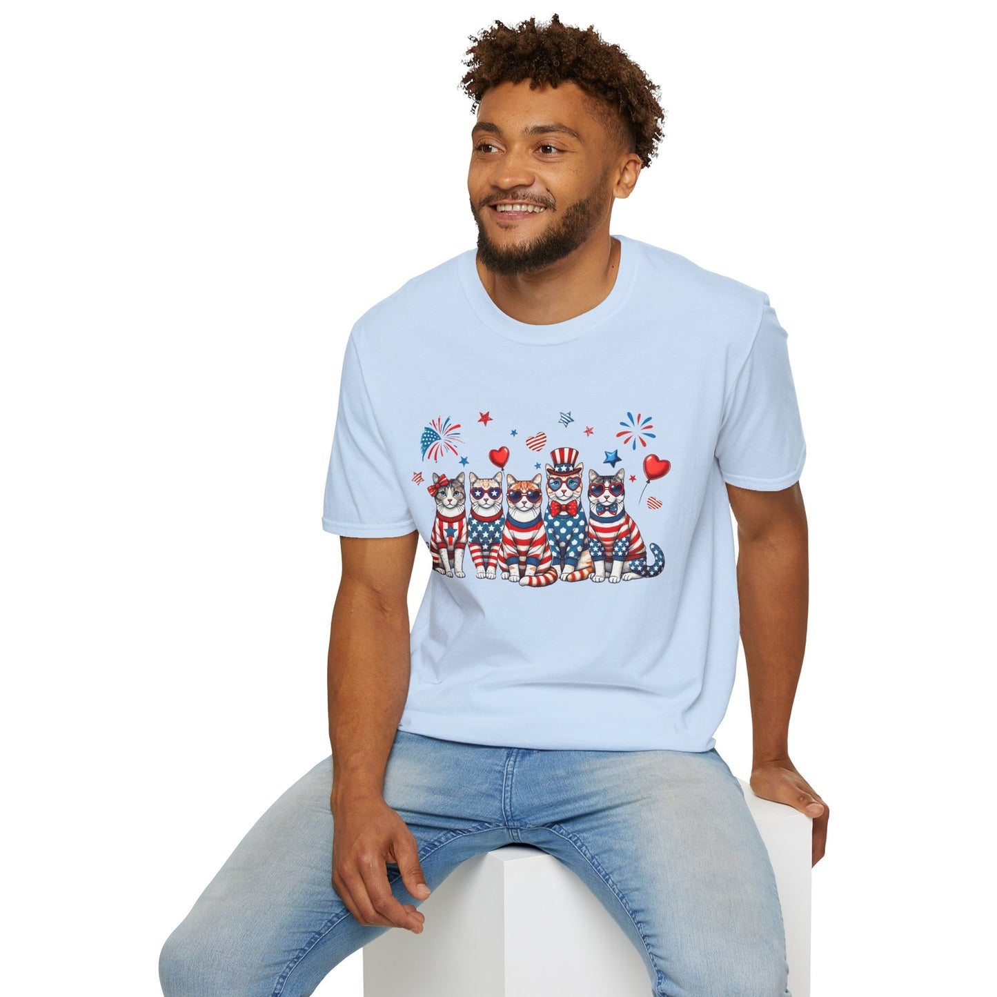 Patriotic Cat Unisex Softstyle T-Shirt for Fourth of July Celebrations