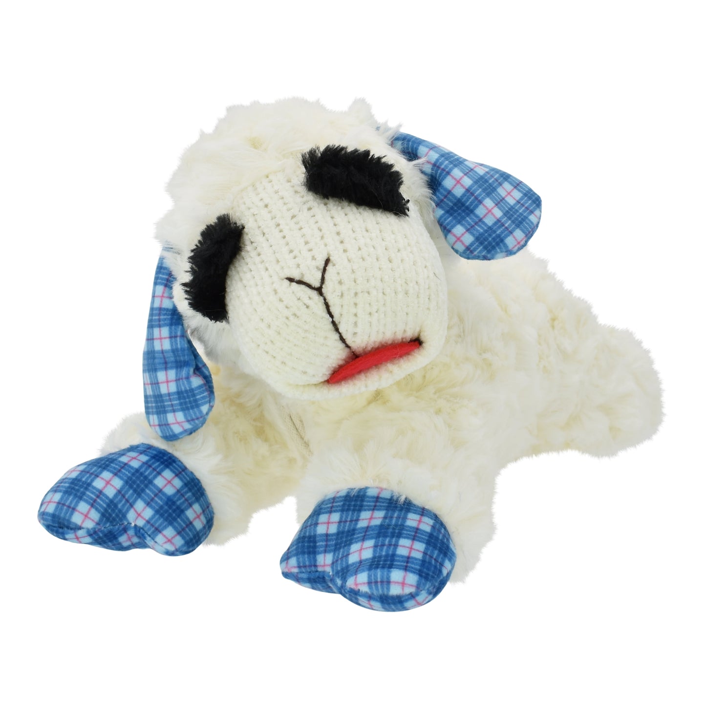 Medium Lamb Chop Dog Toy with Blue Plaid Ears and Paws, Featuring Squeaker