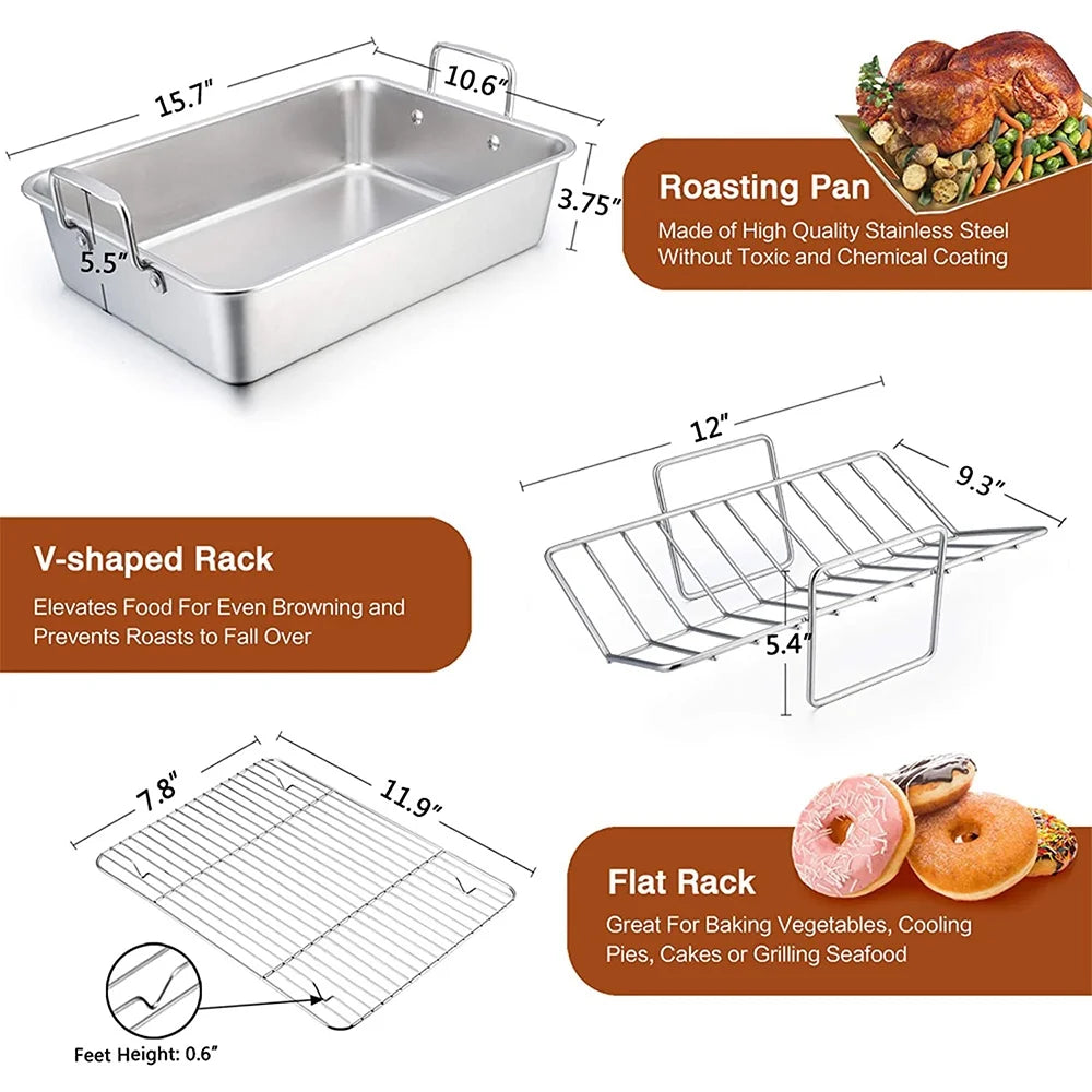 Roasting Pan,  14 Inch Stainless Steel Turkey Roaster with Rack, Include Deep Lasagna Pan & V-Shaped Rack & Roasting Rack, Non-Toxic & Heavy Duty, Dishwasher Safe