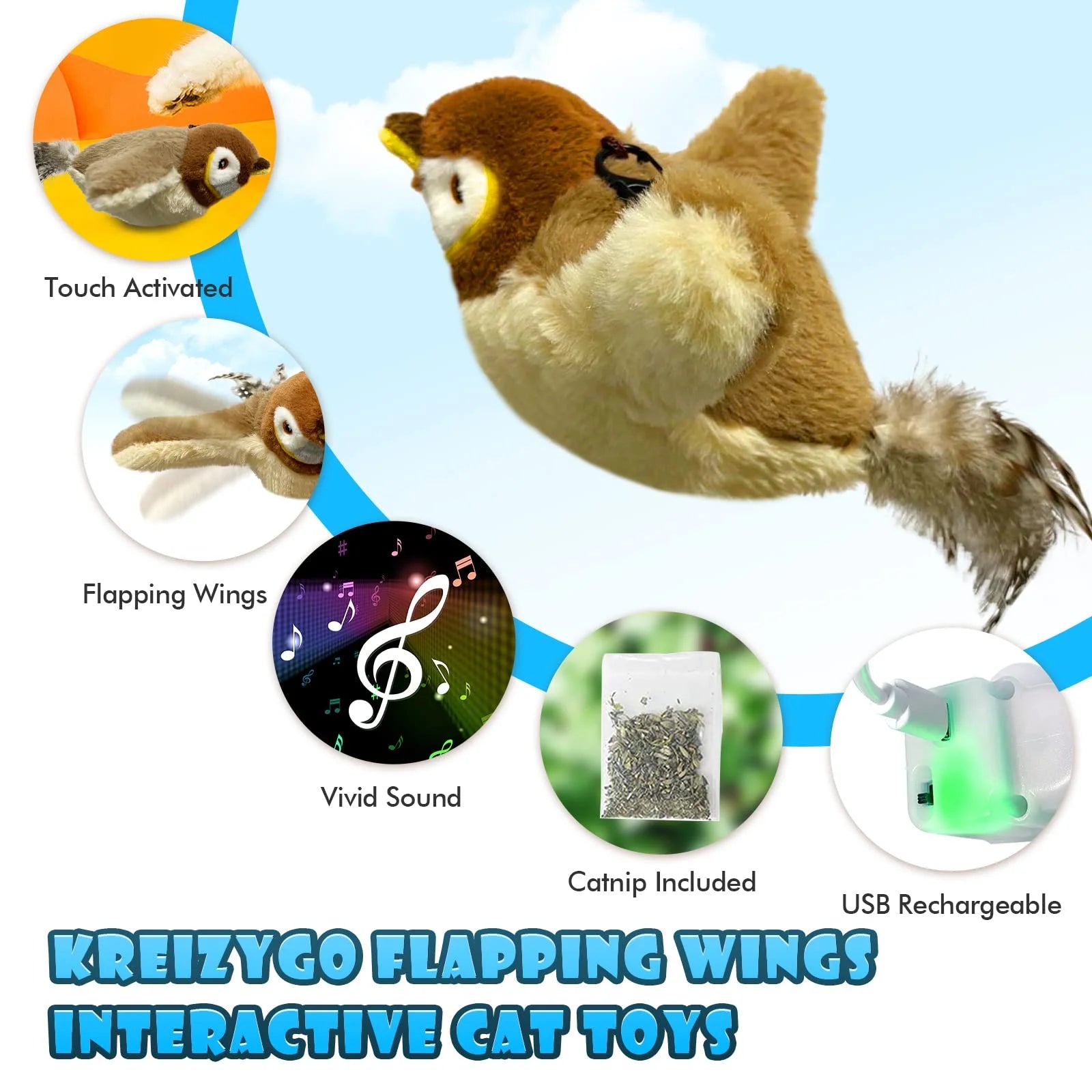 Rechargeable Touch-Activated Interactive Cat Toy with Flapping Bird Design - Kitten Exercise and Catnip Kicker (Non-Flying)