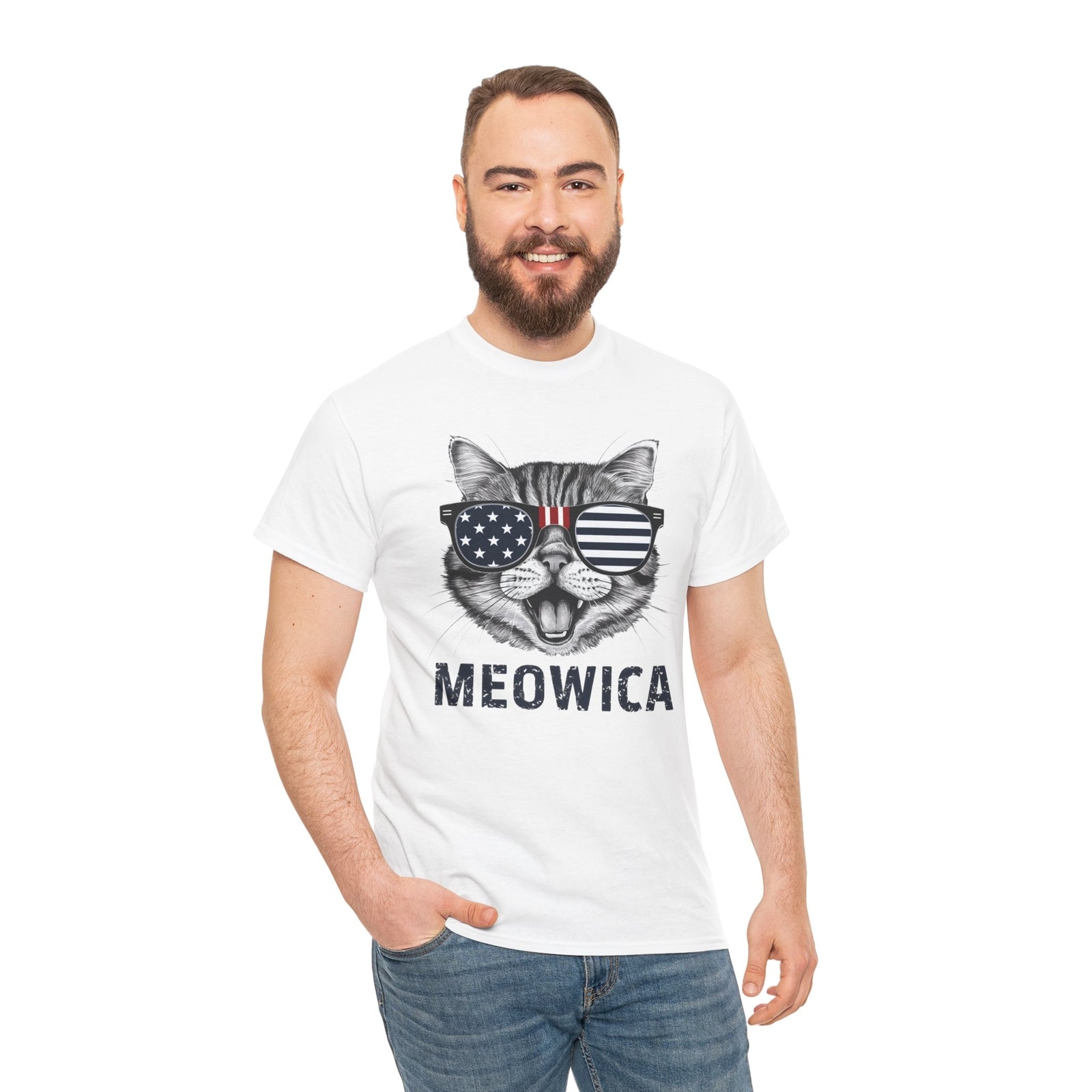 4Th of July Meowica American Flag USA T-Shirt - Novelty Cat Graphic Tee