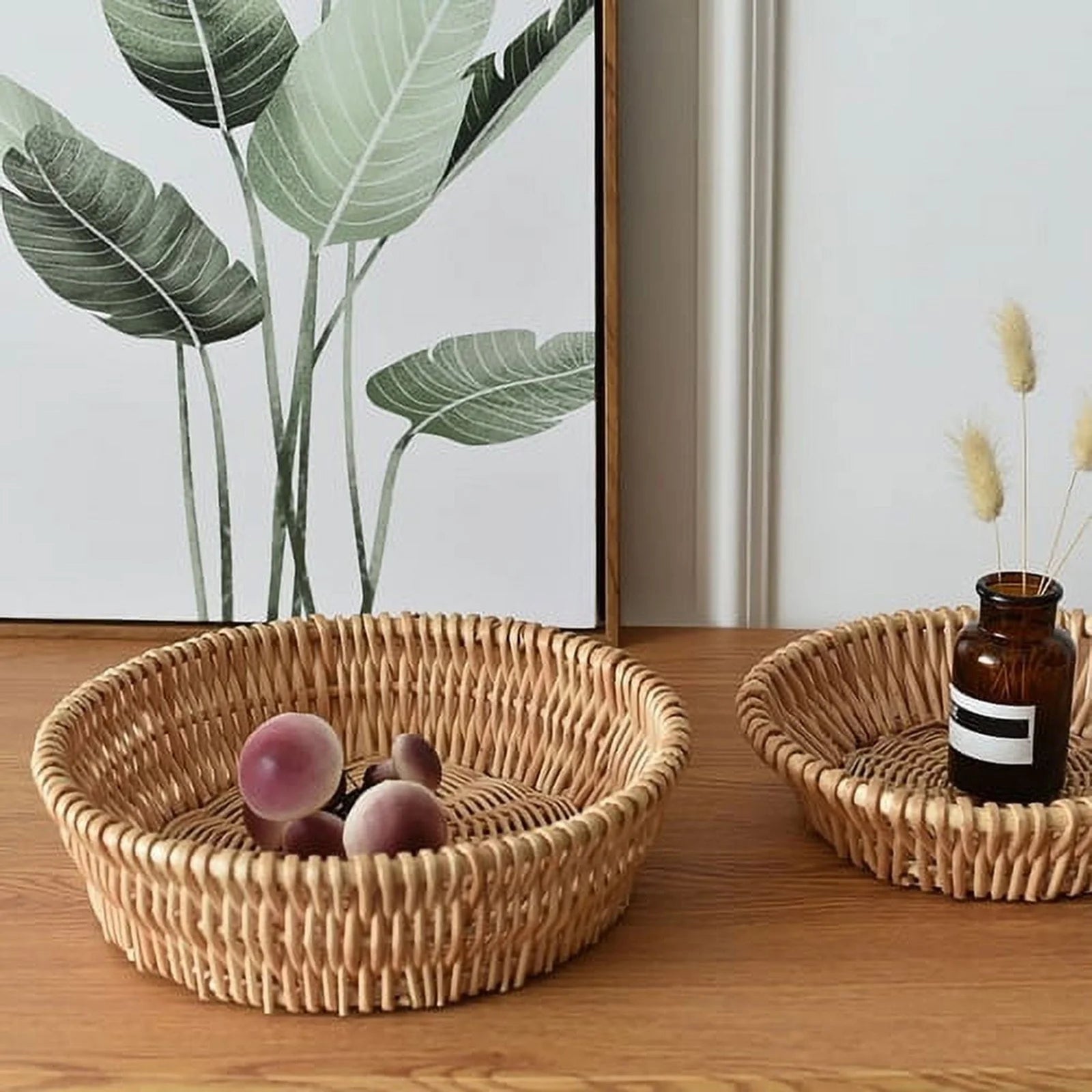 20Cm round Rattan Basket Set - Wicker Storage Basket for Fruit, Bread & Decor | Empty Gift Basket for Pantry & Bathroom | Countertop Baskets Handwoven Rattan Baskets for Kitchen & Home(Beige)