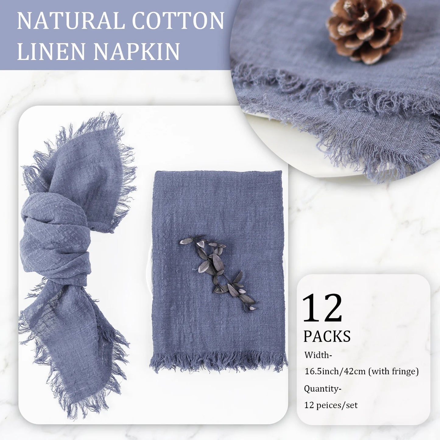 Handmade Cotton Napkins with Fringe 12 Pack,Bulk Dinner Napkins Table Napkins for Fall Thanksgiving Christmas Party Wedding Decoration, Dusty Blue