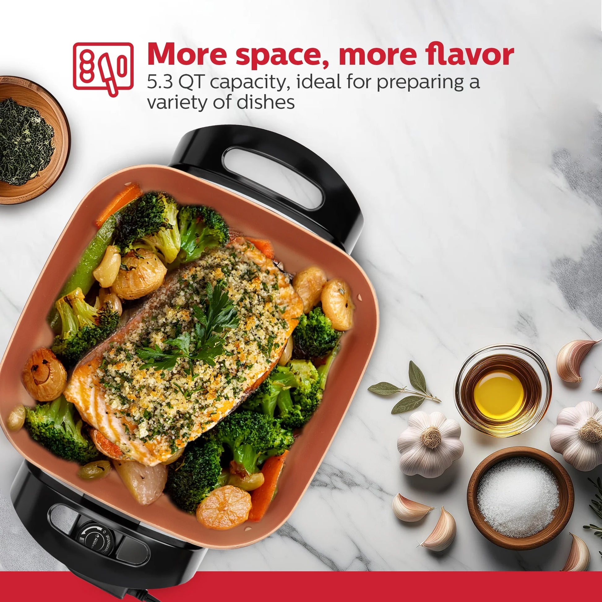 12-Inch Electric Skillet with Non-Stick Coating, Glass Lid, and Removable Probe, Copper and Black