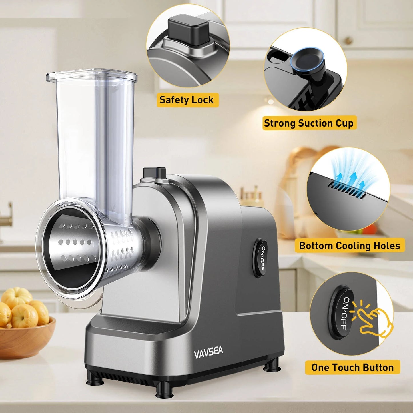 5-In-1 Electric Cheese Grater, 400W Electric Cheese Shredder with 5 Stainless Blades, Salad Maker with One-Touch Control for Cheese, Vegetables and Fruits