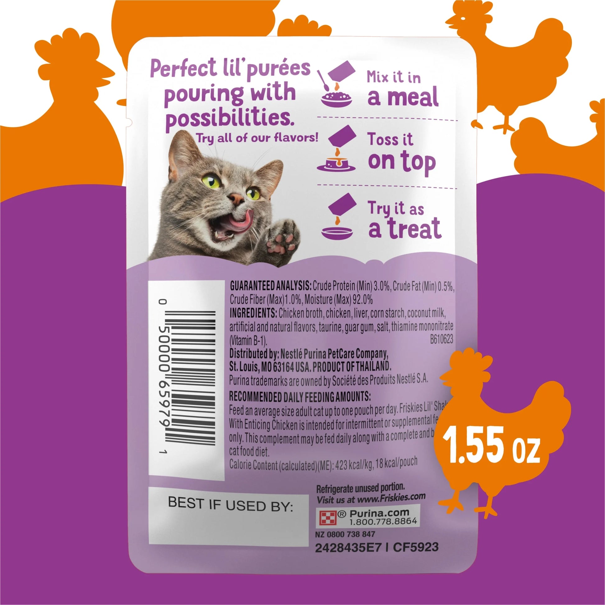Purina  Pureed Cat Food Toppers, Lil' Shakes with Chicken Lickable Treats, 1.55 Oz Pouch