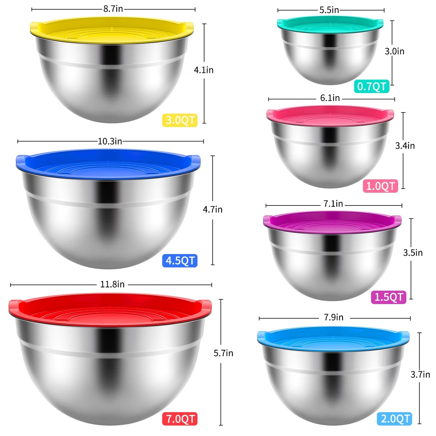 Stainless Steel Mixing Bowls Set with Lids - 7-Piece Nesting Bowls for Kitchen Prep, Baking, and Serving (7QT, 4.5QT, 3QT, 2QT, 1.5QT, 1QT, 0.7QT) - Multicolor