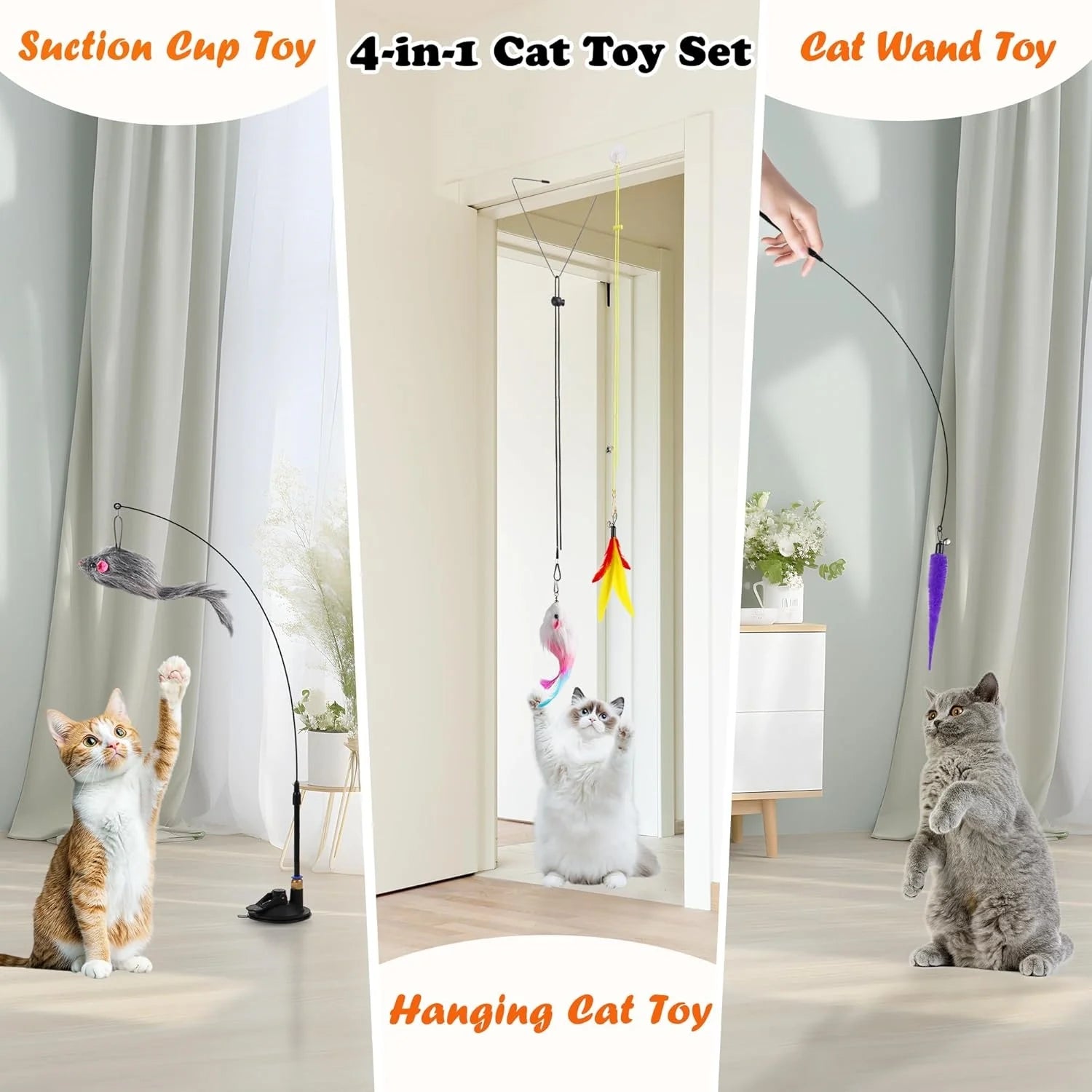 4-in-1 Interactive Cat Feather Toy Set with 12 Durable Teaser Replacements, Enhanced Suction Cup Wand, and Dual Door Hanging String Toys for Indoor Kittens