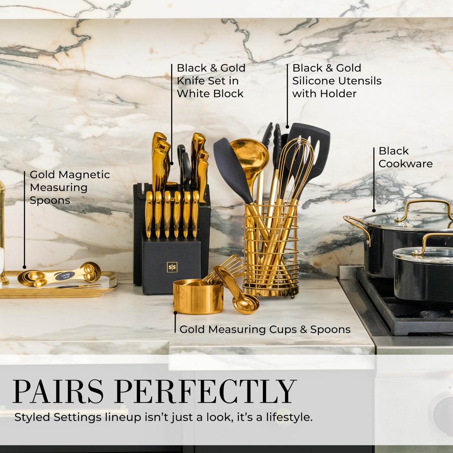 15-Piece Black and Gold Kitchen Utensils Set with Measuring Cups & Spoons, Bpa-Free