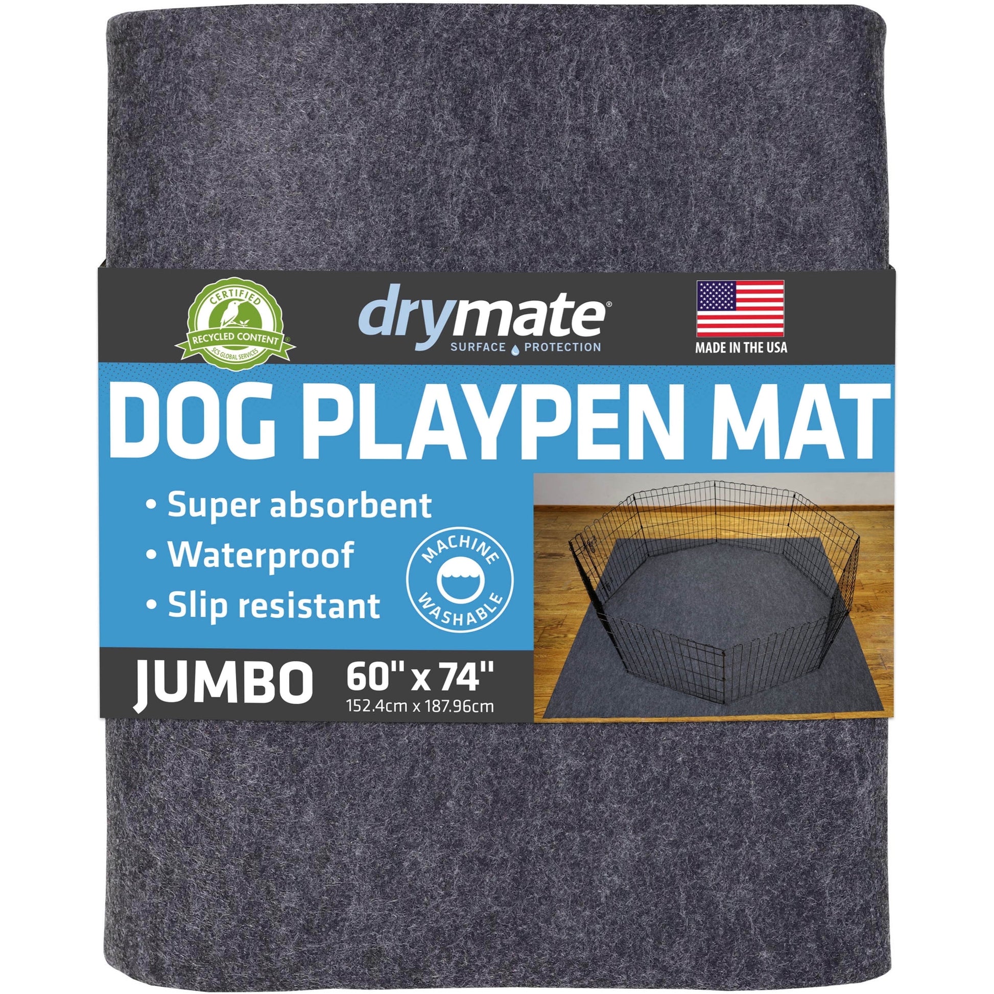 Jumbo Dog Playpen Mat, Absorbent/Waterproof/Non-Slip/Machine Washable, XL Size (60” X 74”), Reusable Puppy Pad for Training, Whelping, Housebreaking, Incontinence, and Crate/Kennel