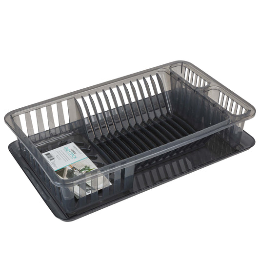 Medium Dish Rack with Tray in Smoke Grey 18.11 in X 11.02 In