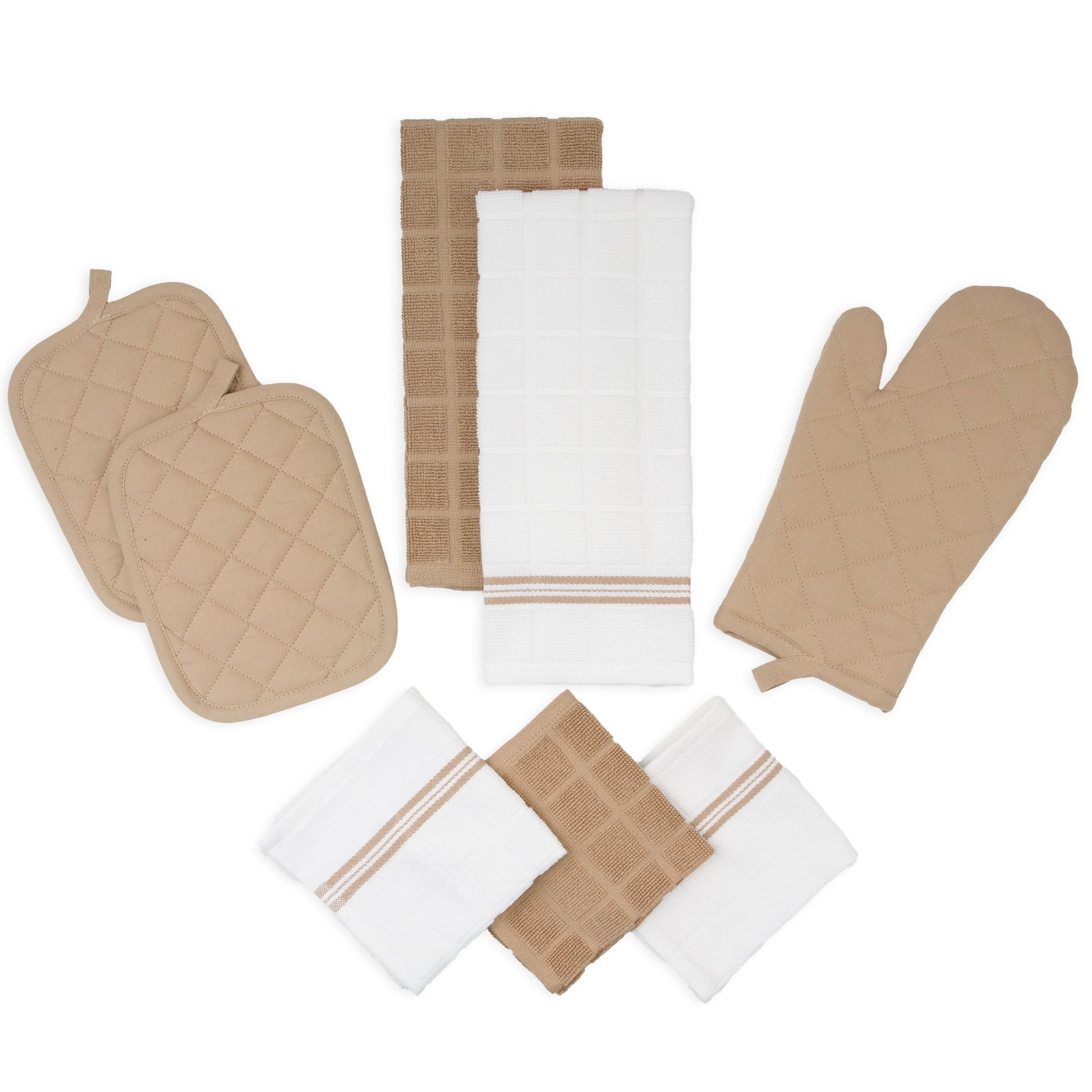 Kitchen Towel, Dishcloth, Oven Mitt, and Pot Holder 8 Pack Set, Brown, 100% Cotton