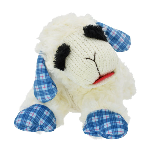 Medium Lamb Chop Dog Toy with Blue Plaid Ears and Paws, Featuring Squeaker