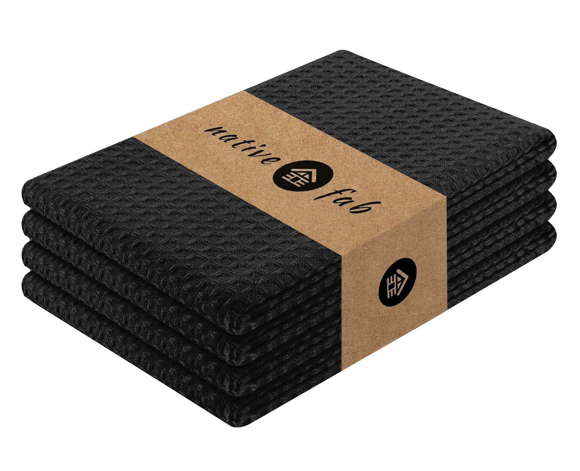 Native Fab Waffle Kitchen Towels 16X26 - Absorbent Cotton Dishcloths for Cleaning Set of 4 - Black