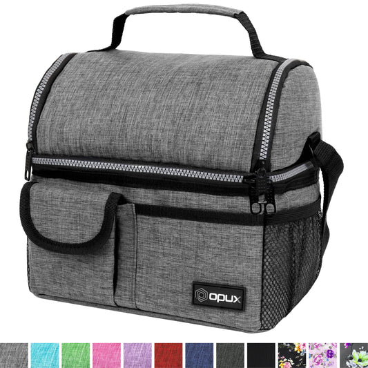 Insulated Dual Compartment Lunch Bag for Men, Women | Double Deck Reusable Lunch Pail Cooler Bag with Shoulder Strap, Soft Leakproof Liner | Large Lunch Box Tote for Work, School (Heather Grey)