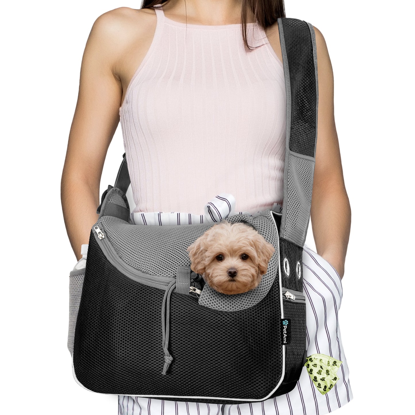 Small Dog Sling Carrier - Soft-Sided Crossbody Pet Pouch for Medium Dogs and Cats, Adjustable Travel Bag with Poop Bag Dispenser, Breathable Design, Black