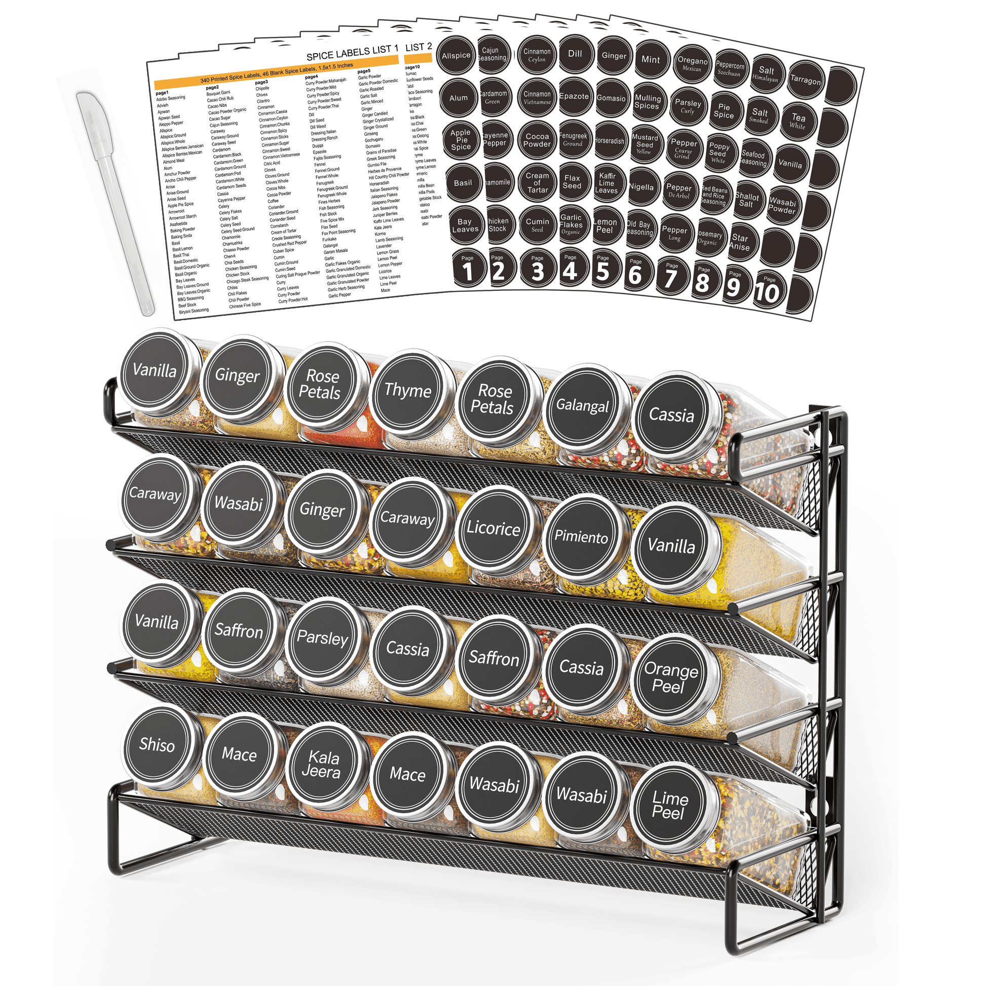 Spice Rack Organizer with 28 Jars, 4.33"D X 13.33"W X 10.5"H, Black