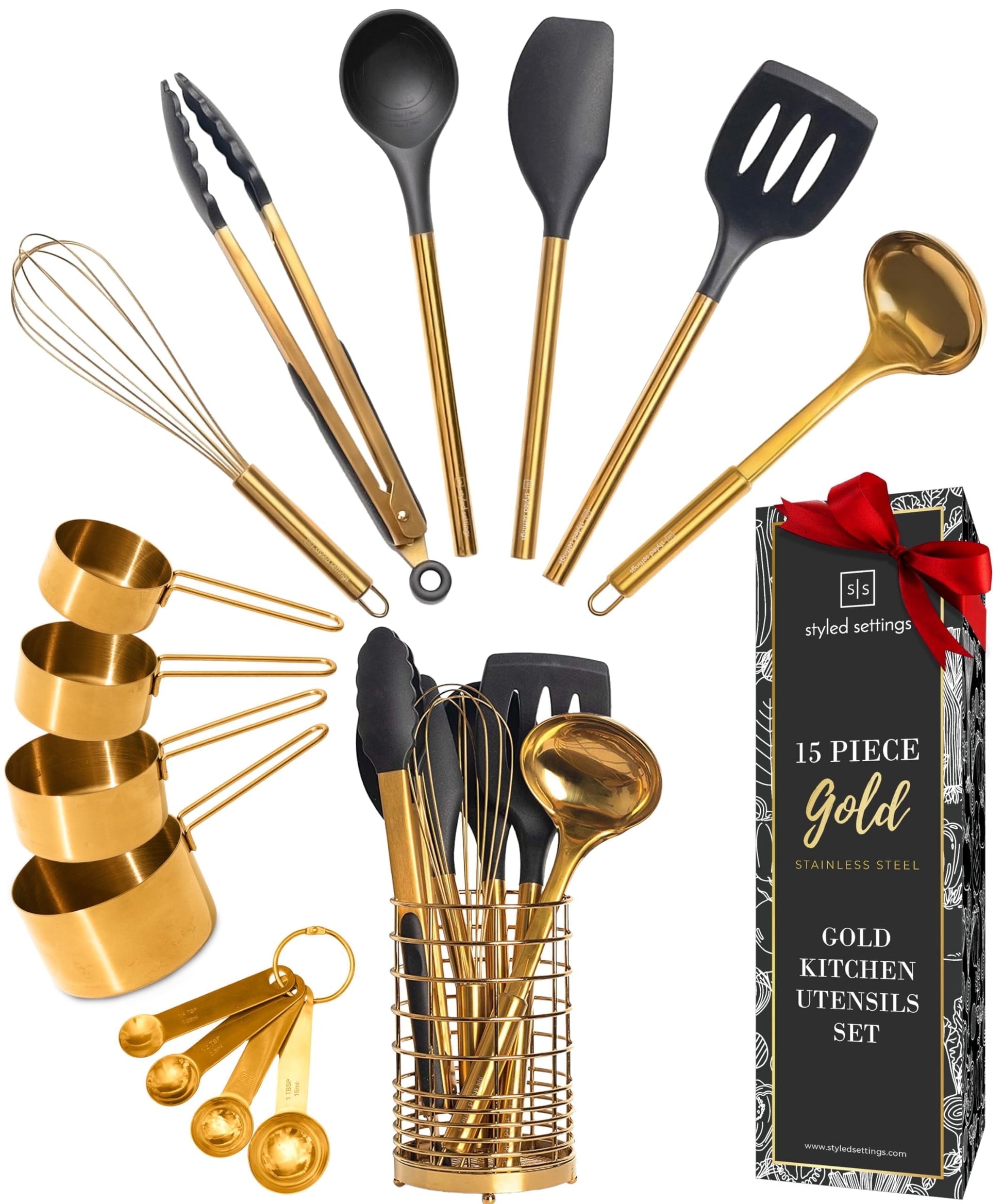 15-Piece Black and Gold Kitchen Utensils Set with Measuring Cups & Spoons, Bpa-Free